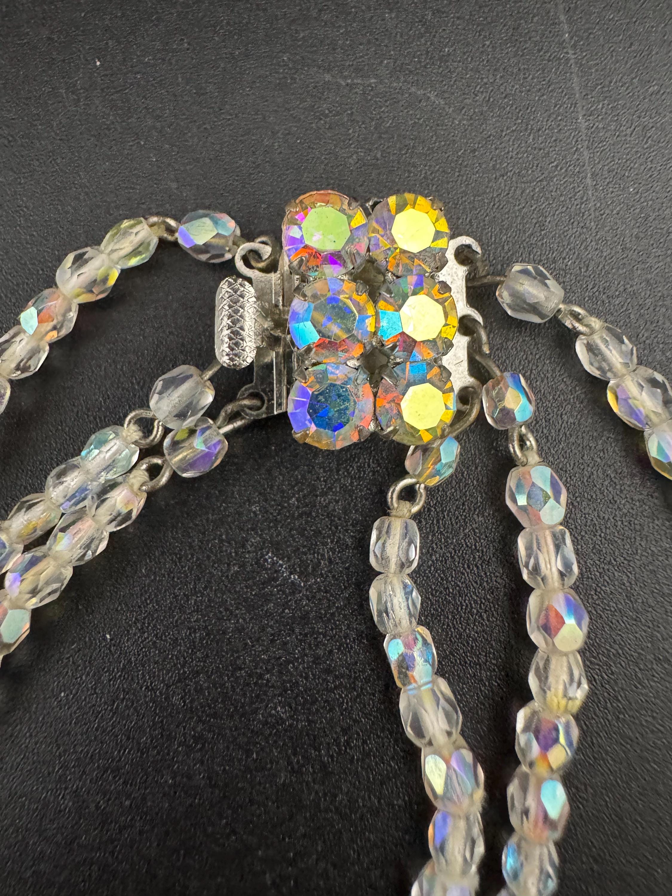 Art Deco clear AB rainbow Aurora borealis glass Crystal 3 row triple strand beaded bead necklace choker festoon waterfall