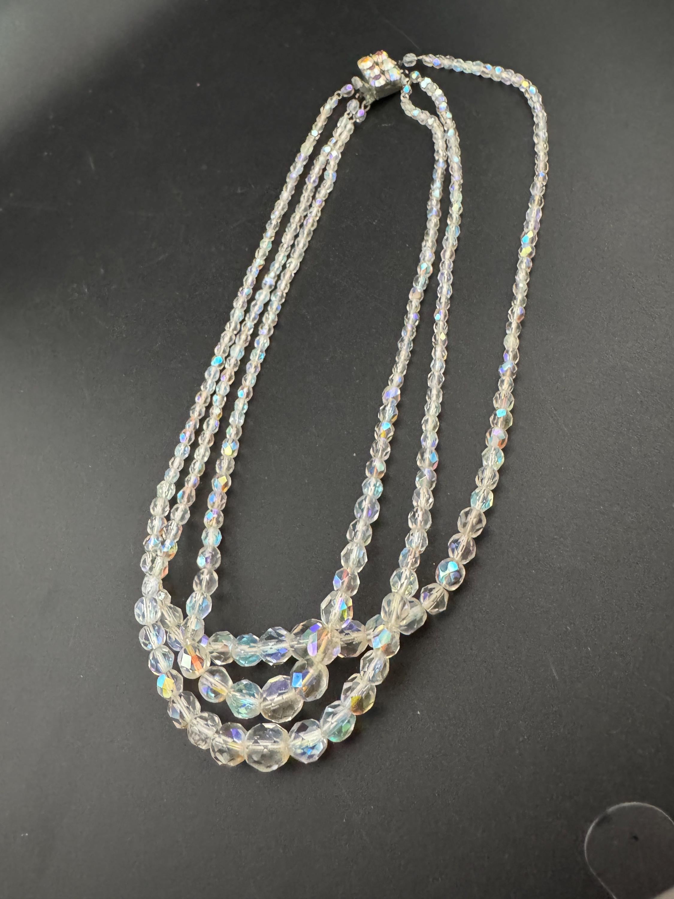 Art Deco clear AB rainbow Aurora borealis glass Crystal 3 row triple strand beaded bead necklace choker festoon waterfall