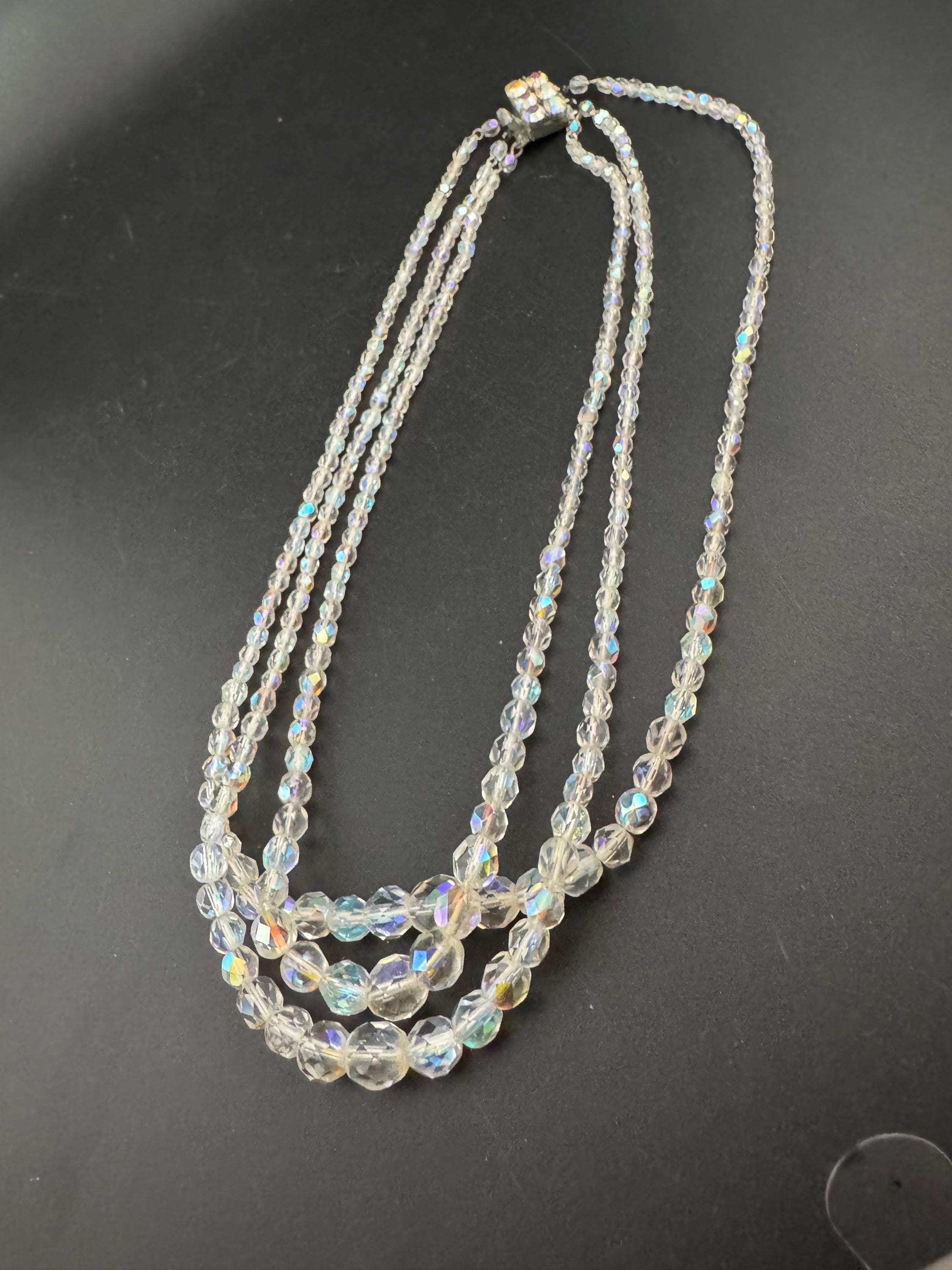 Art Deco clear AB rainbow Aurora borealis glass Crystal 3 row triple strand beaded bead necklace choker festoon waterfall