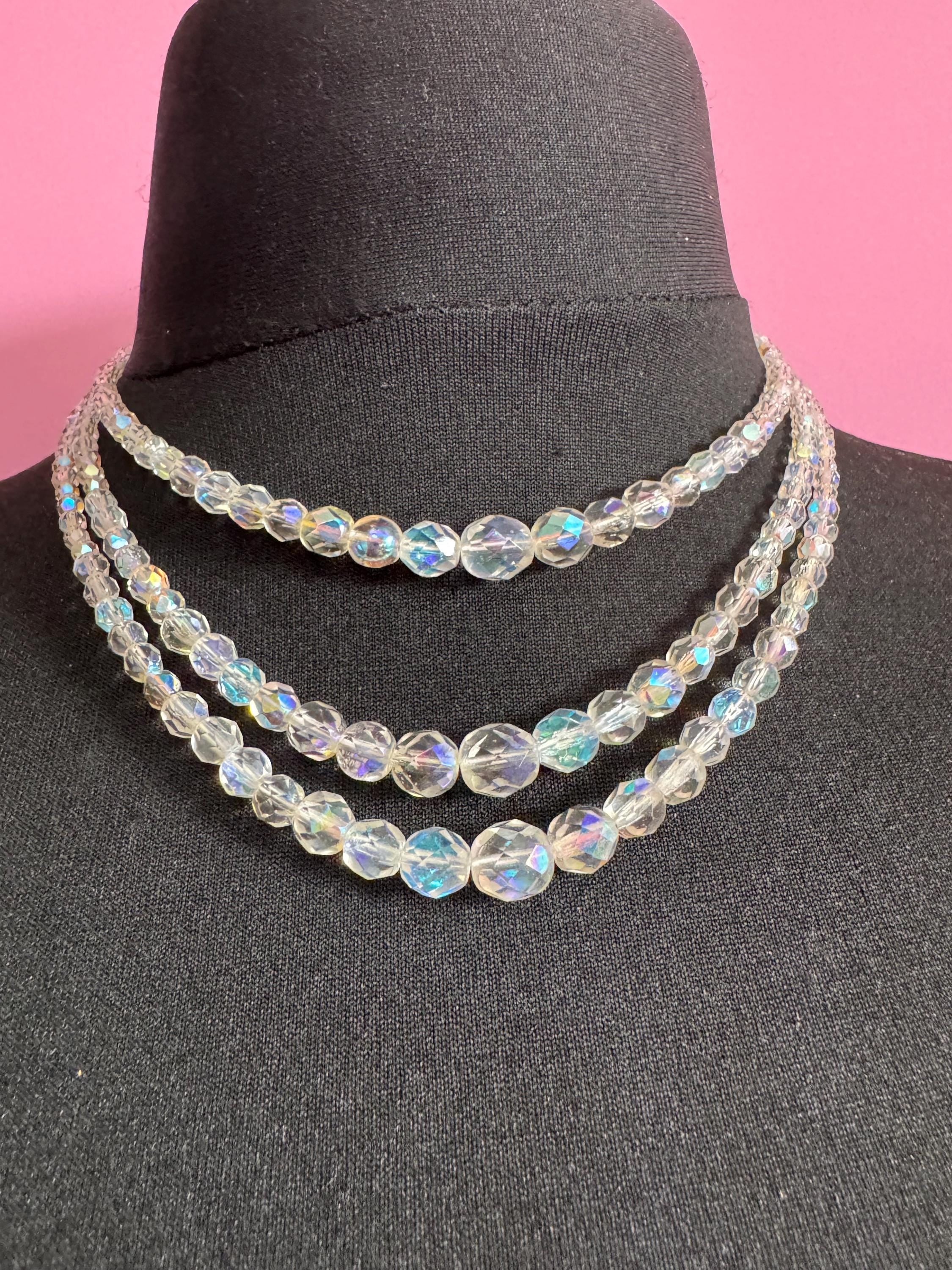 Art Deco clear AB rainbow Aurora borealis glass Crystal 3 row triple strand beaded bead necklace choker festoon waterfall