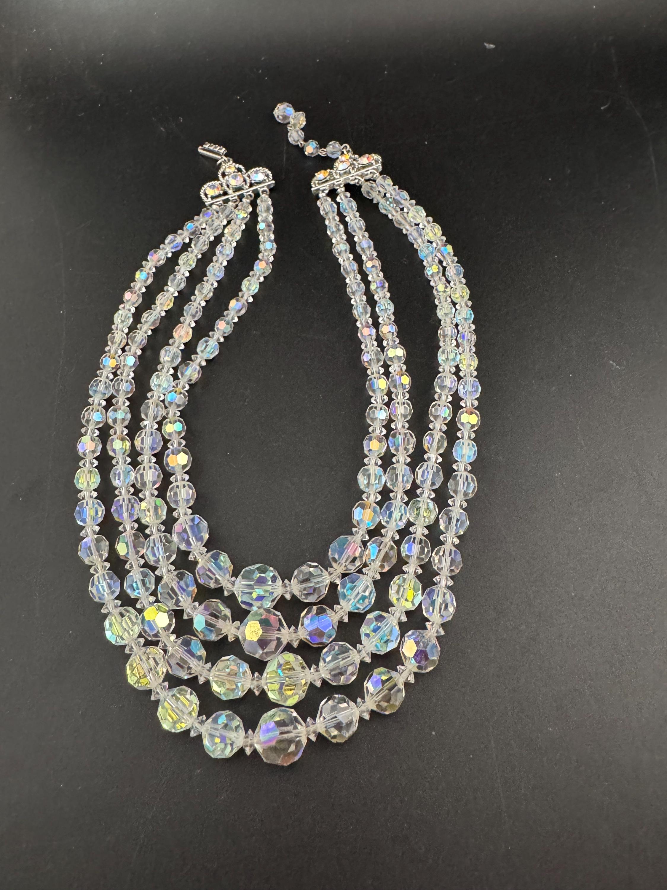 Art Deco clear AB rainbow Aurora borealis glass Crystal 3 row beaded necklace