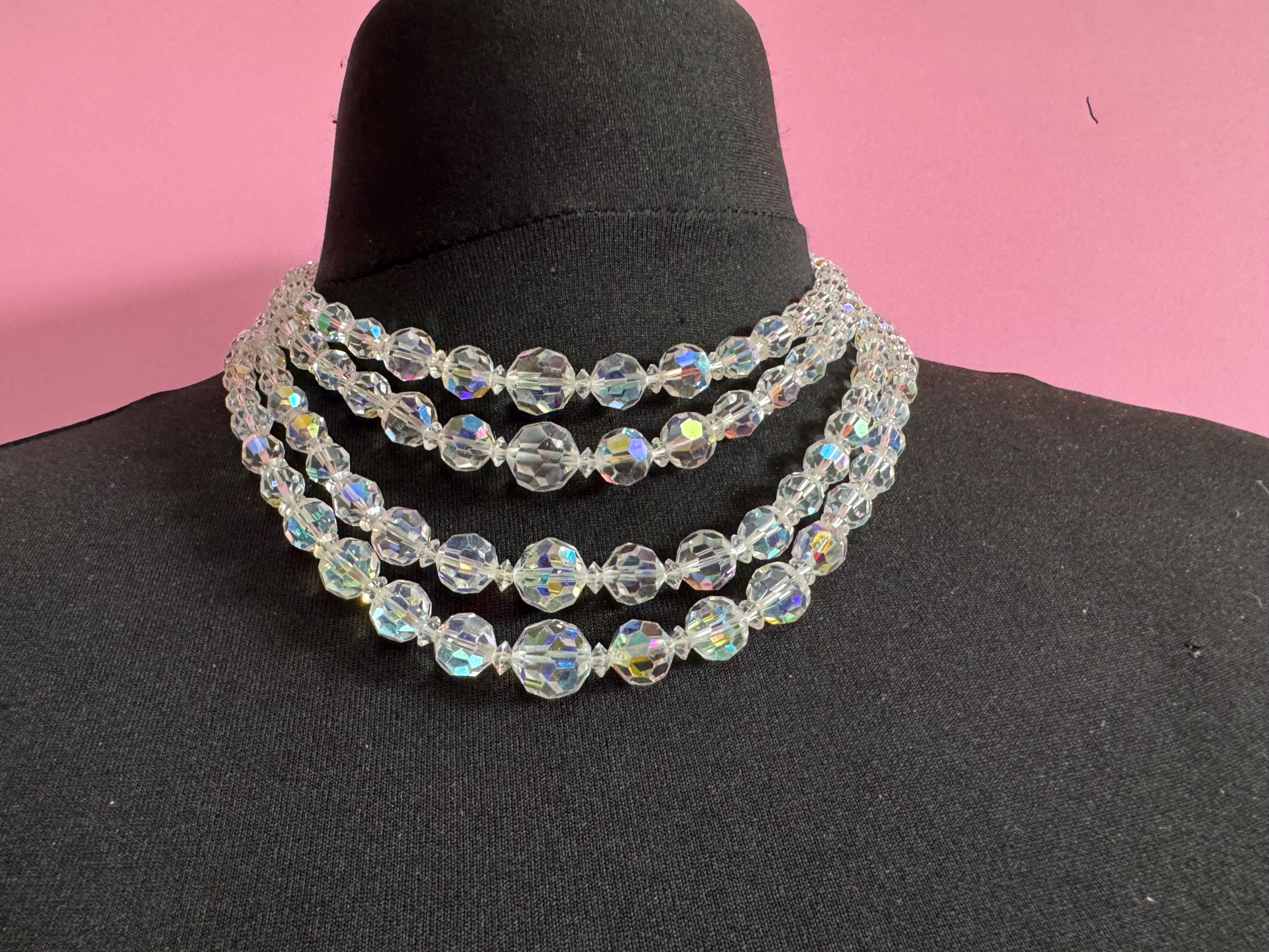 Art Deco clear AB rainbow Aurora borealis glass Crystal 3 row beaded necklace