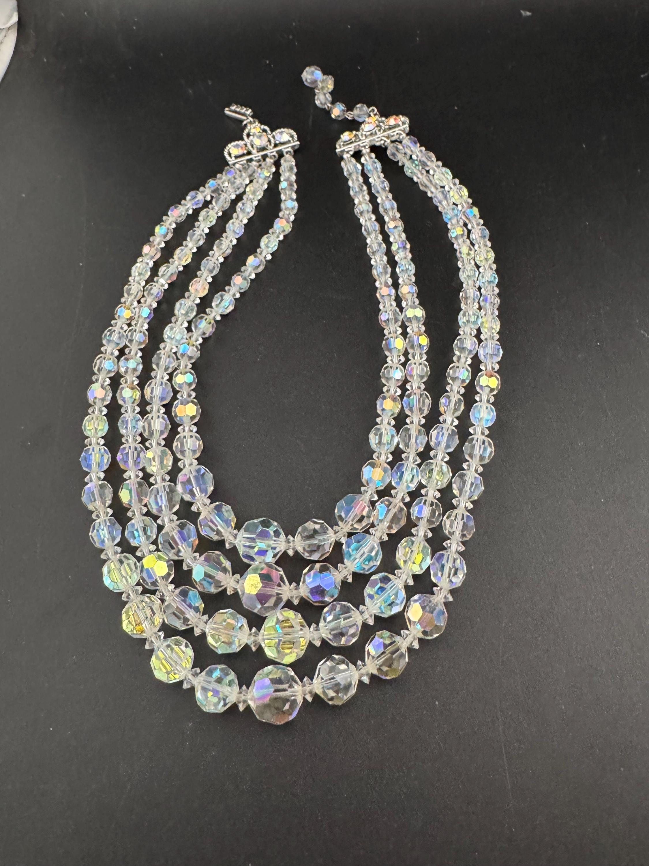 Art Deco clear AB rainbow Aurora borealis glass Crystal 3 row beaded necklace