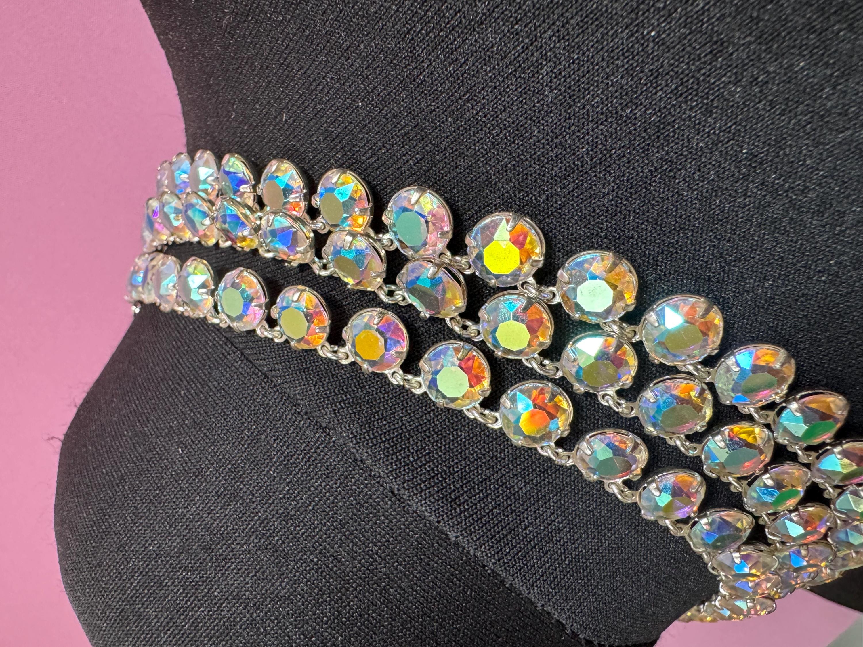 Aurora Borealis Choker Necklace: Sparkly Glass Bezel, Multi-Strand