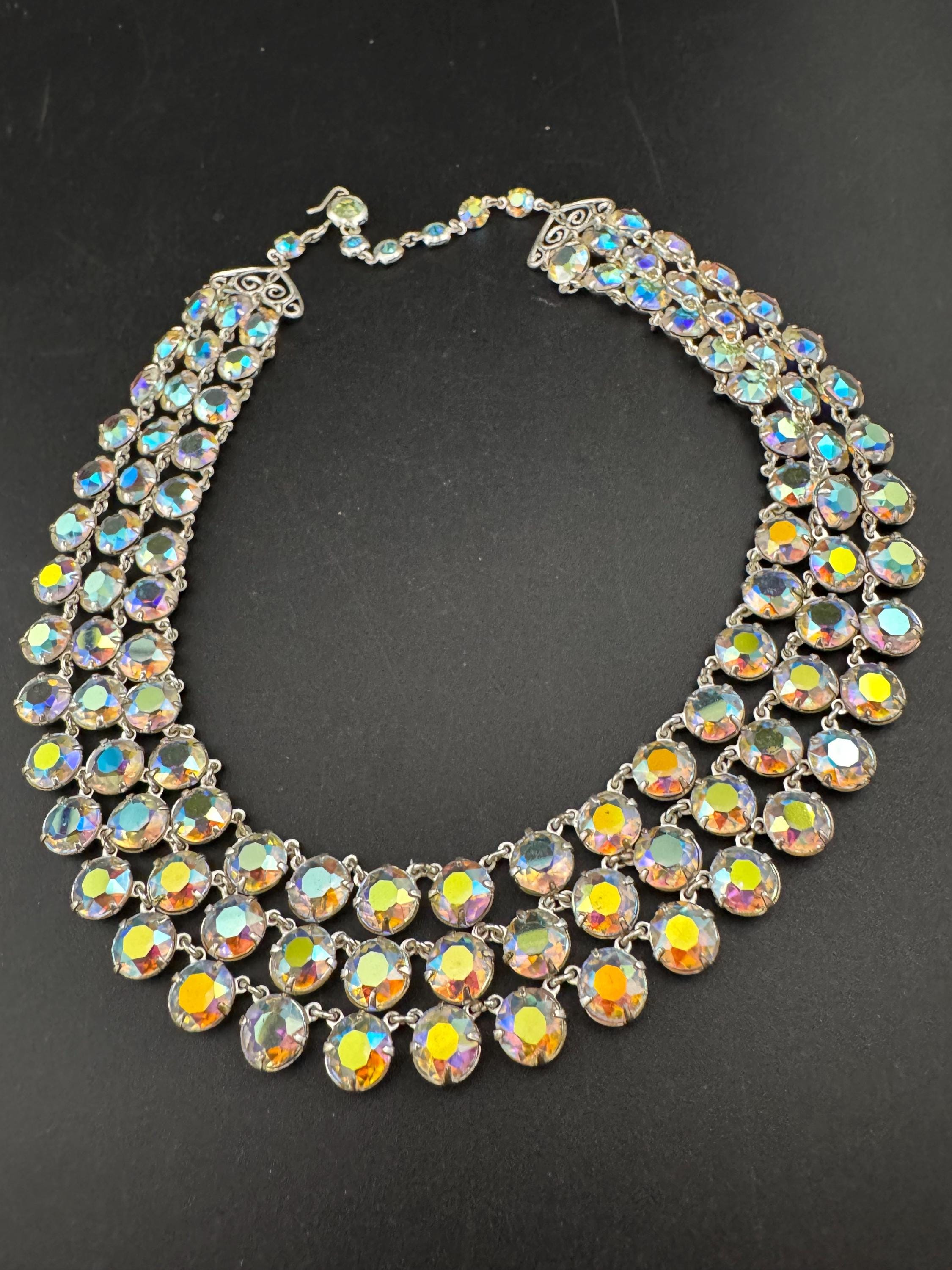 Aurora Borealis Choker Necklace: Sparkly Glass Bezel, Multi-Strand