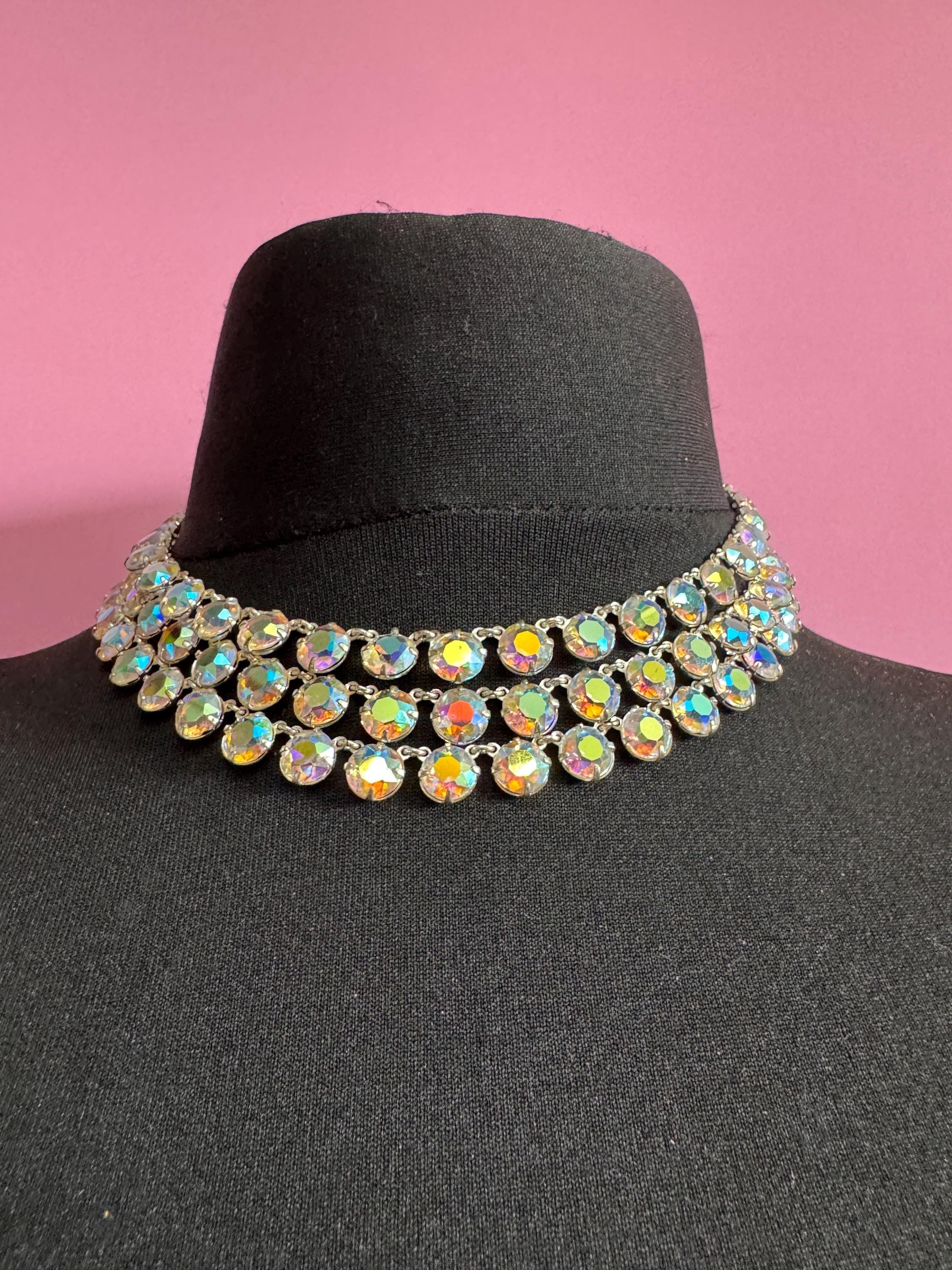 Aurora Borealis Choker Necklace: Sparkly Glass Bezel, Multi-Strand