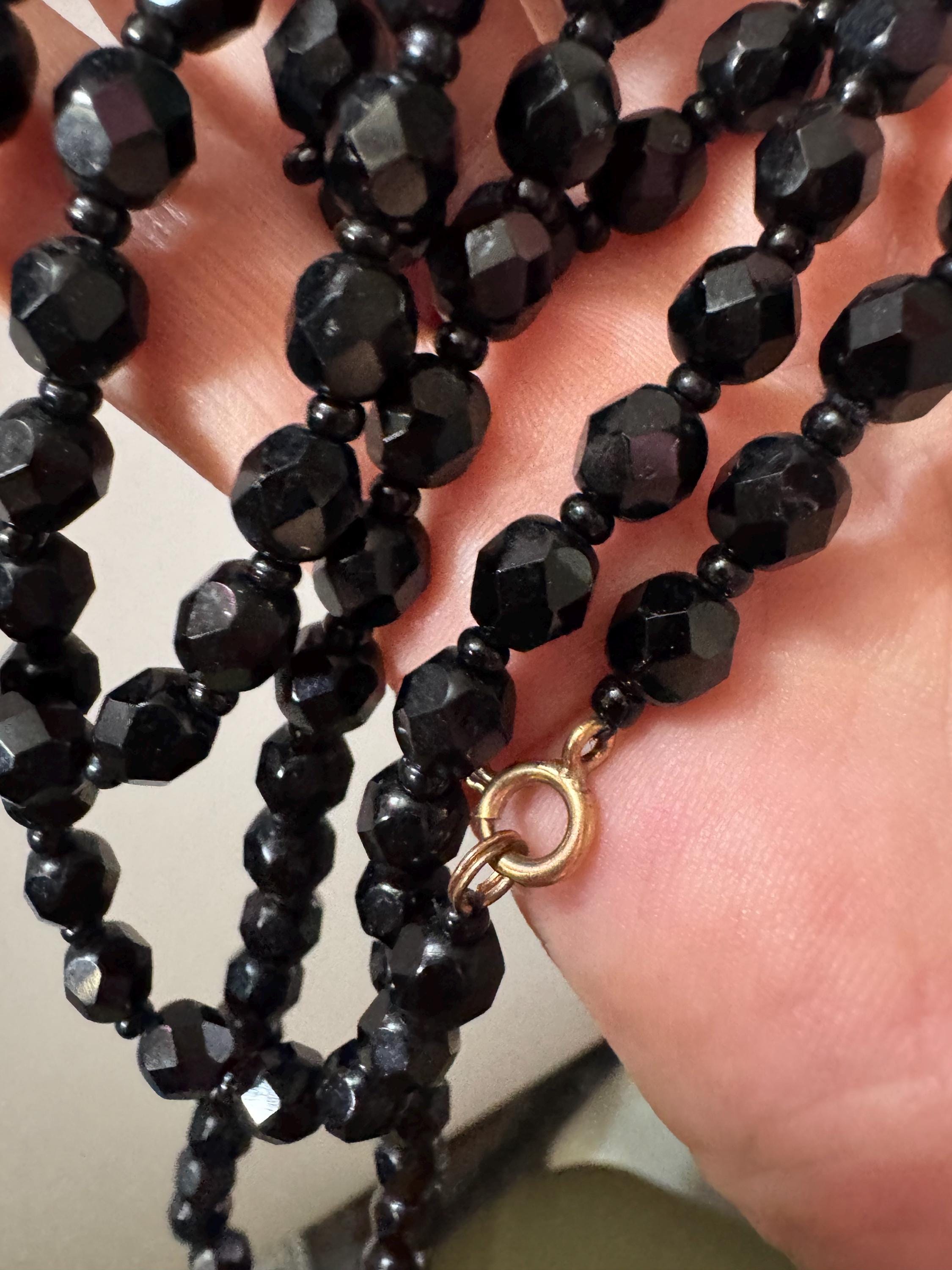 120 cm long vintage French Jet Black Glass long beaded flapper necklace faceted glass beads vintage art deco 1920s 1930s