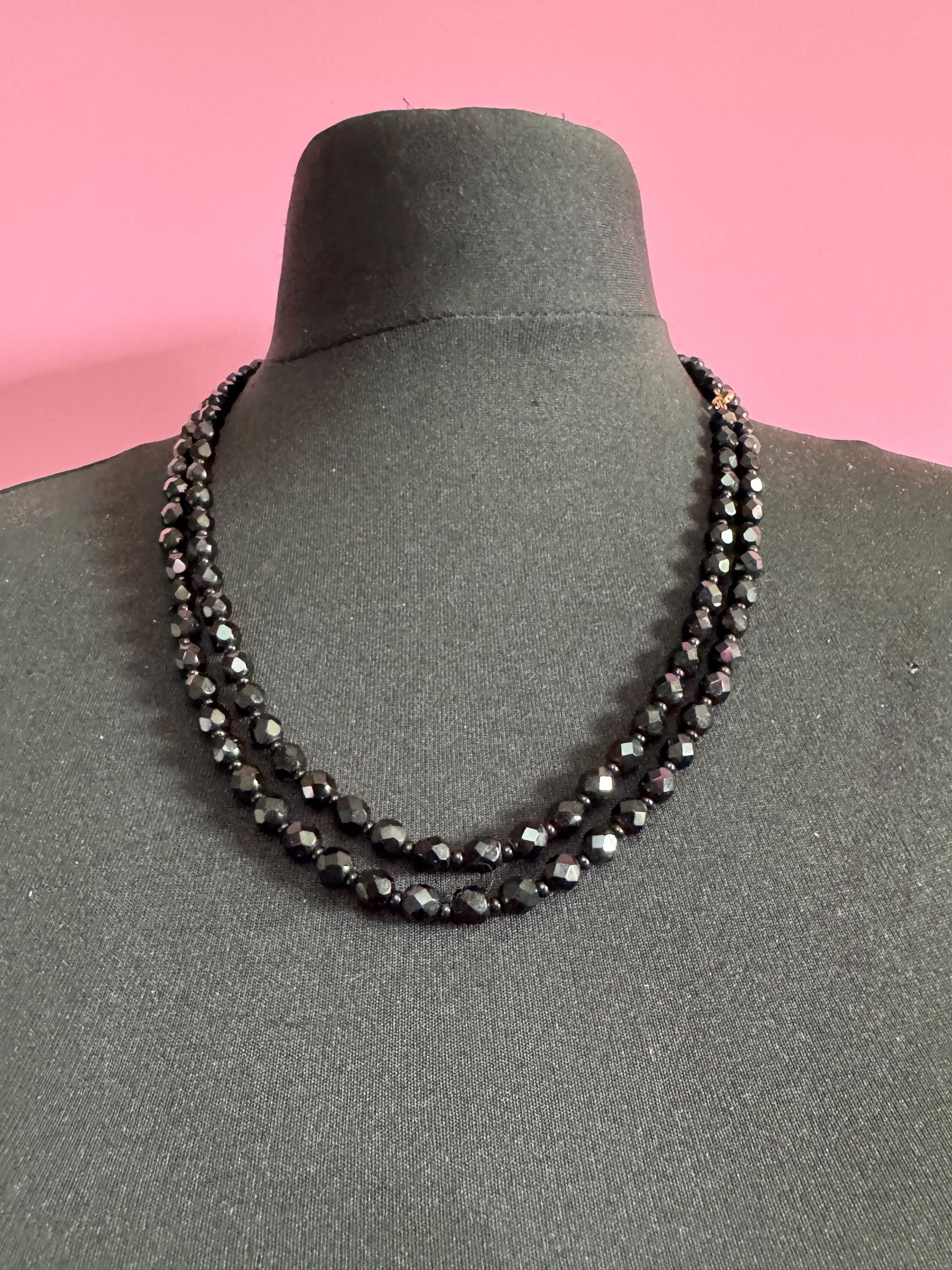 120 cm long vintage French Jet Black Glass long beaded flapper necklace faceted glass beads vintage art deco 1920s 1930s