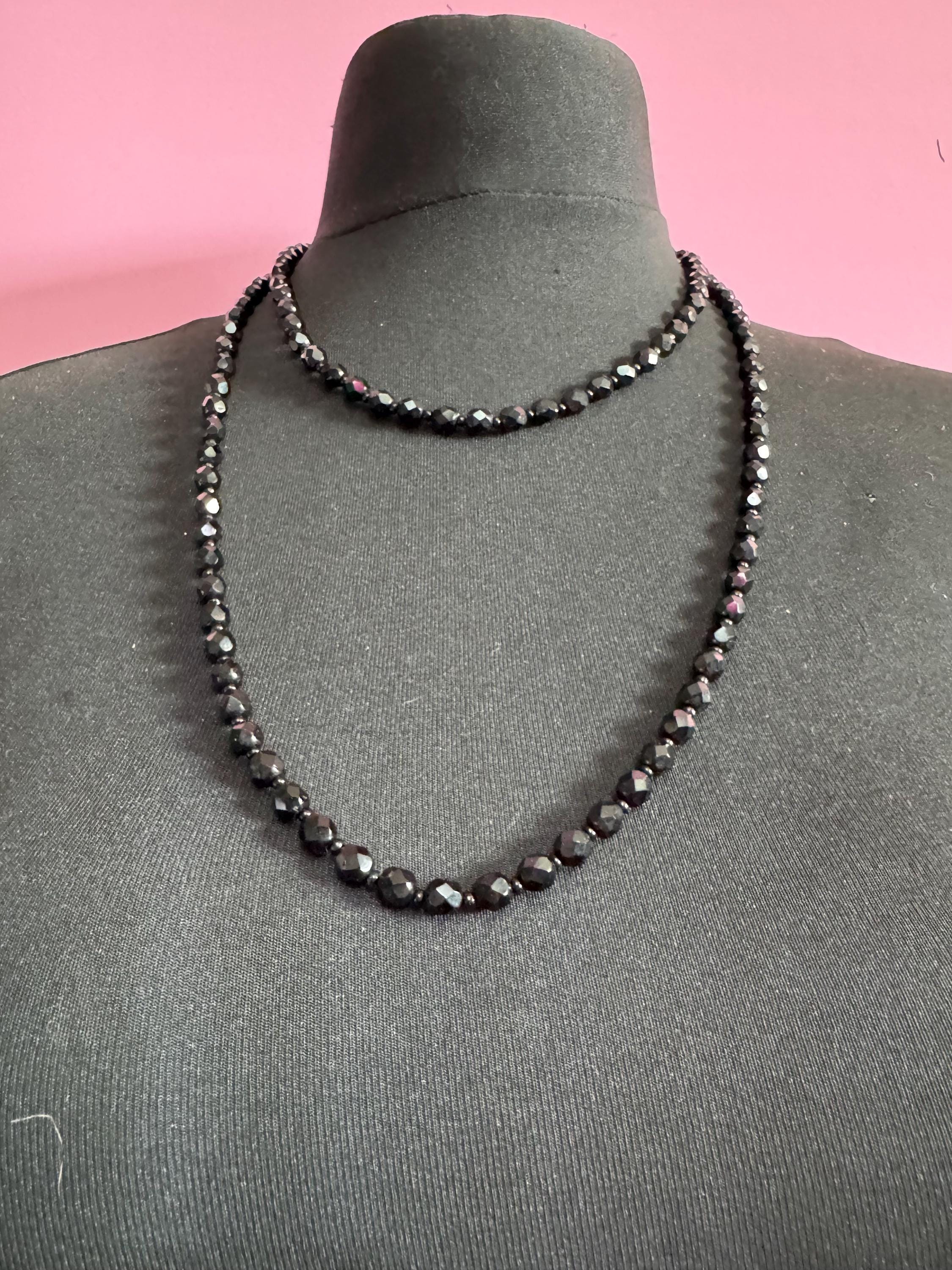 120 cm long vintage French Jet Black Glass long beaded flapper necklace faceted glass beads vintage art deco 1920s 1930s