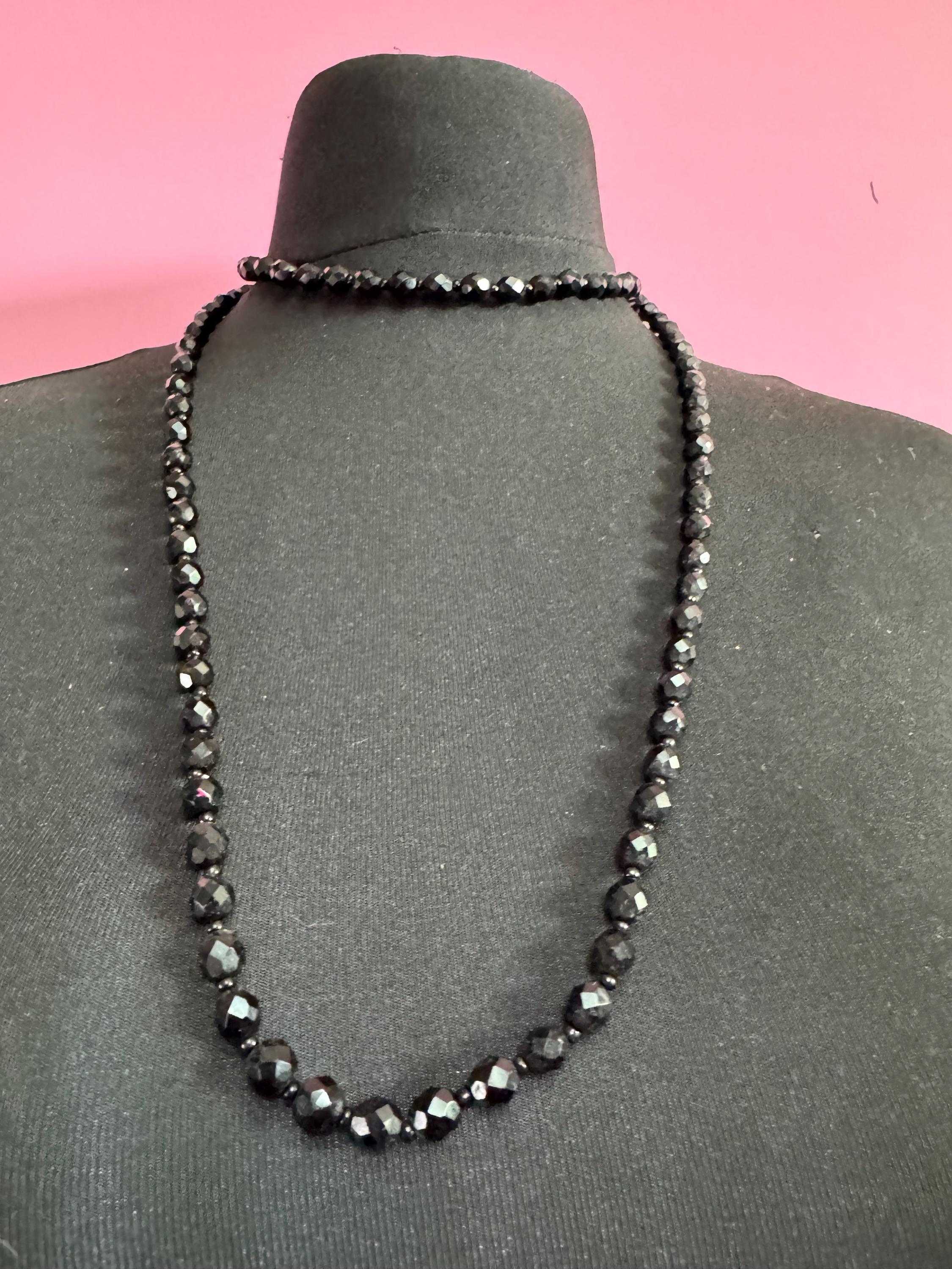 120 cm long vintage French Jet Black Glass long beaded flapper necklace faceted glass beads vintage art deco 1920s 1930s