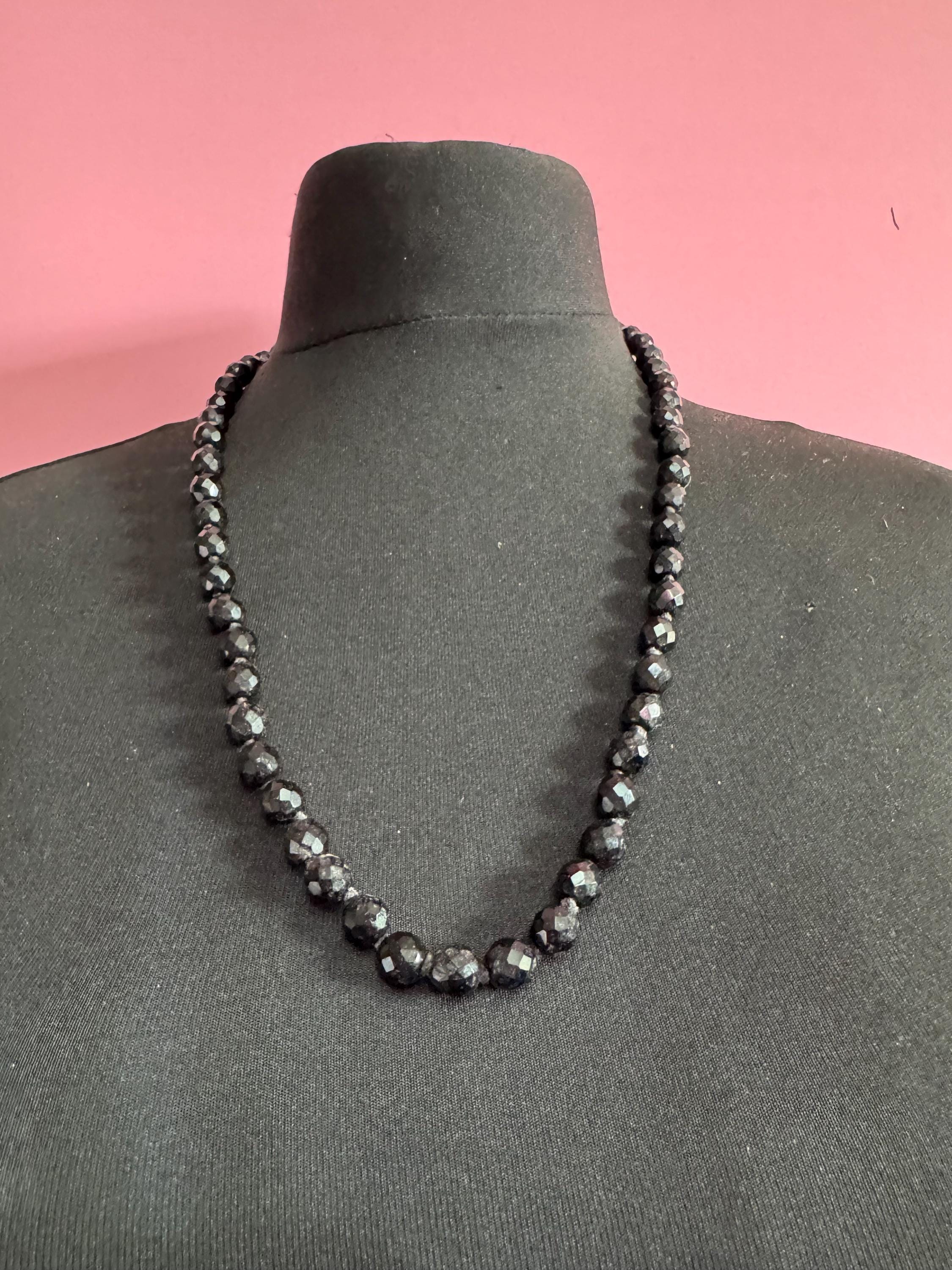 Vintage French Jet Black Glass Flapper Necklace: Art Deco Long Beaded