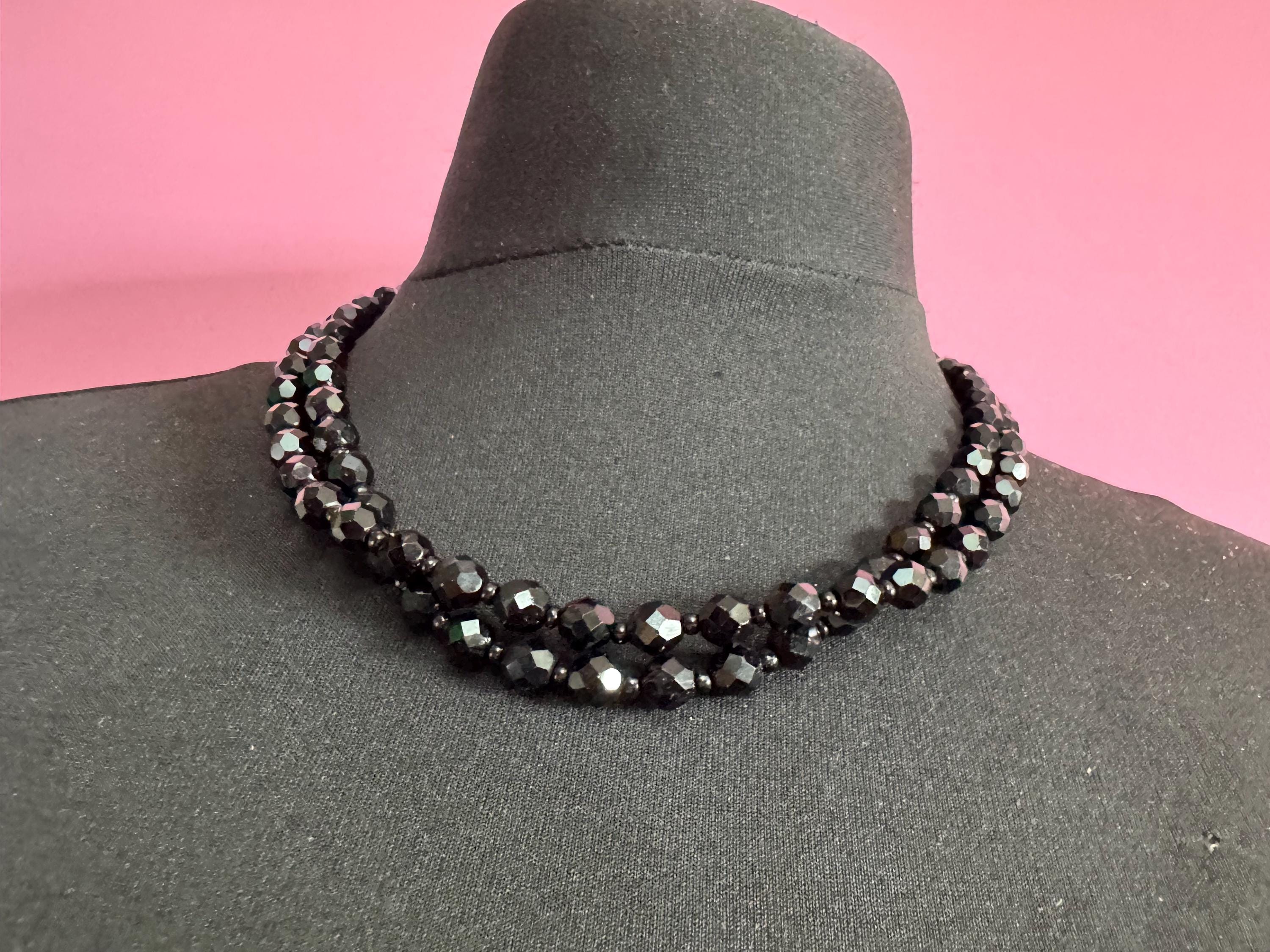 Vintage French Jet Black Glass Beaded Necklace: Art Deco 1920s Style