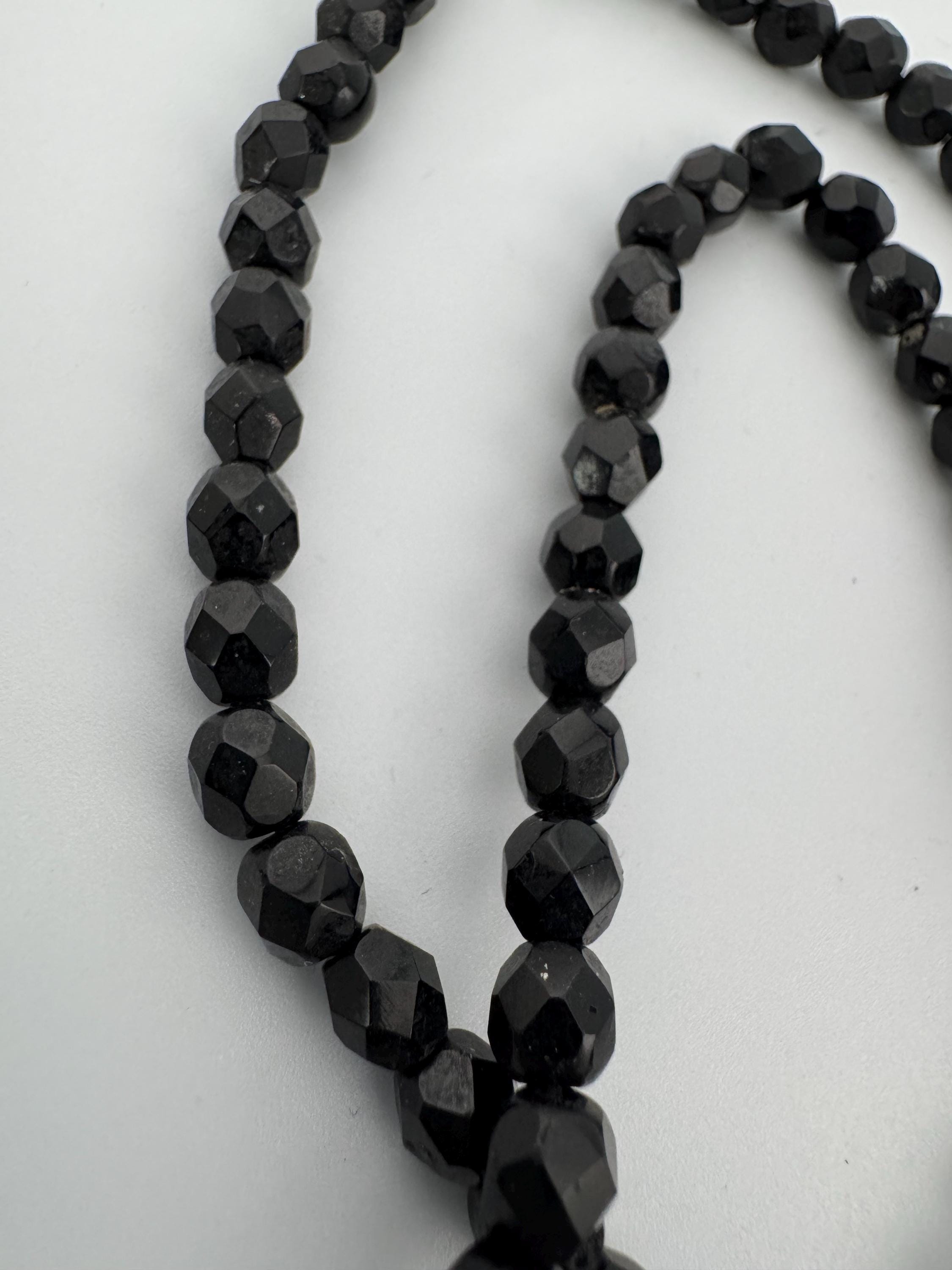 64cm long vintage French Jet Black Glass long beaded mid length necklace faceted glass beads vintage art deco 1920s 1930s