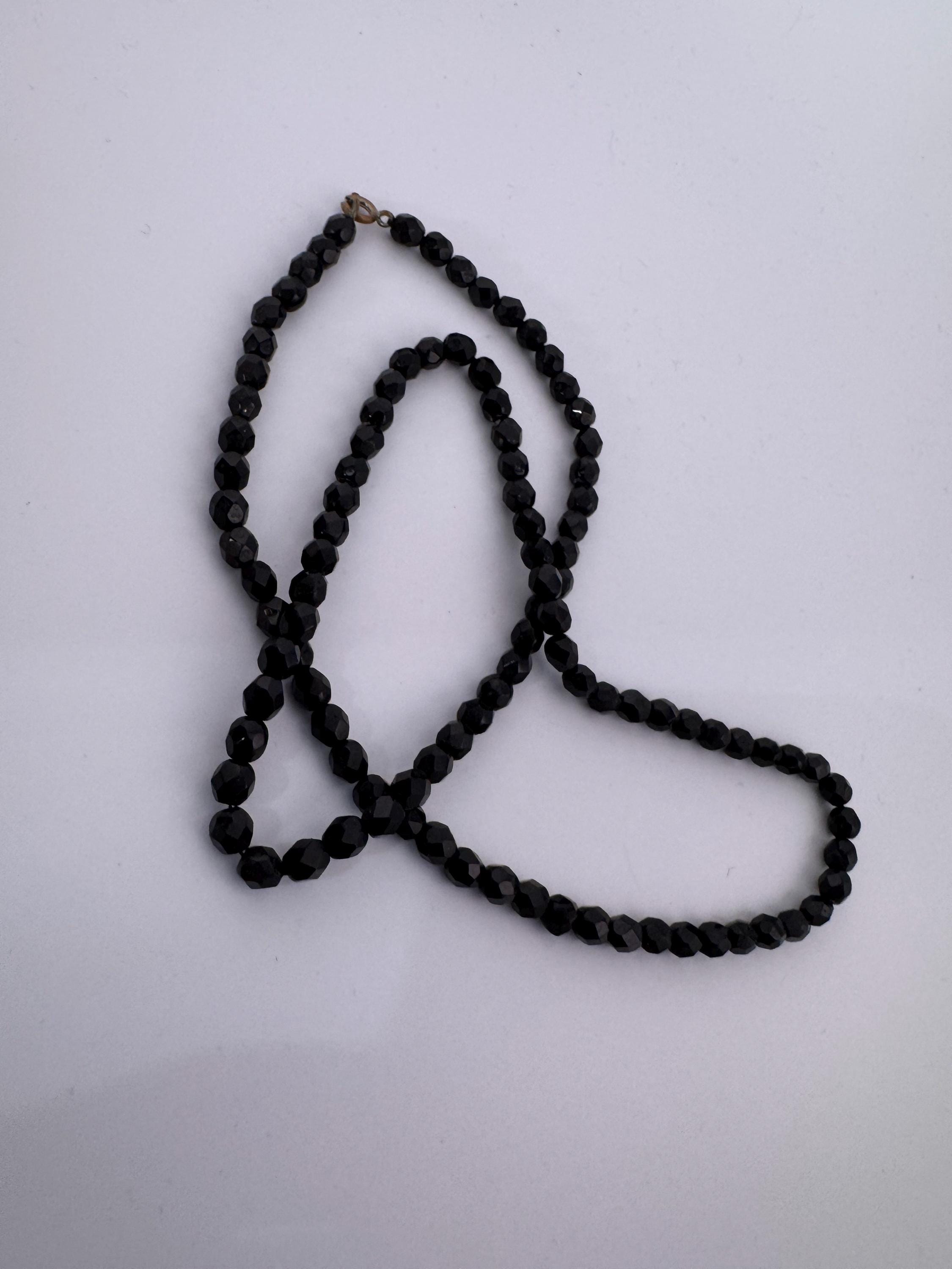 64cm long vintage French Jet Black Glass long beaded mid length necklace faceted glass beads vintage art deco 1920s 1930s
