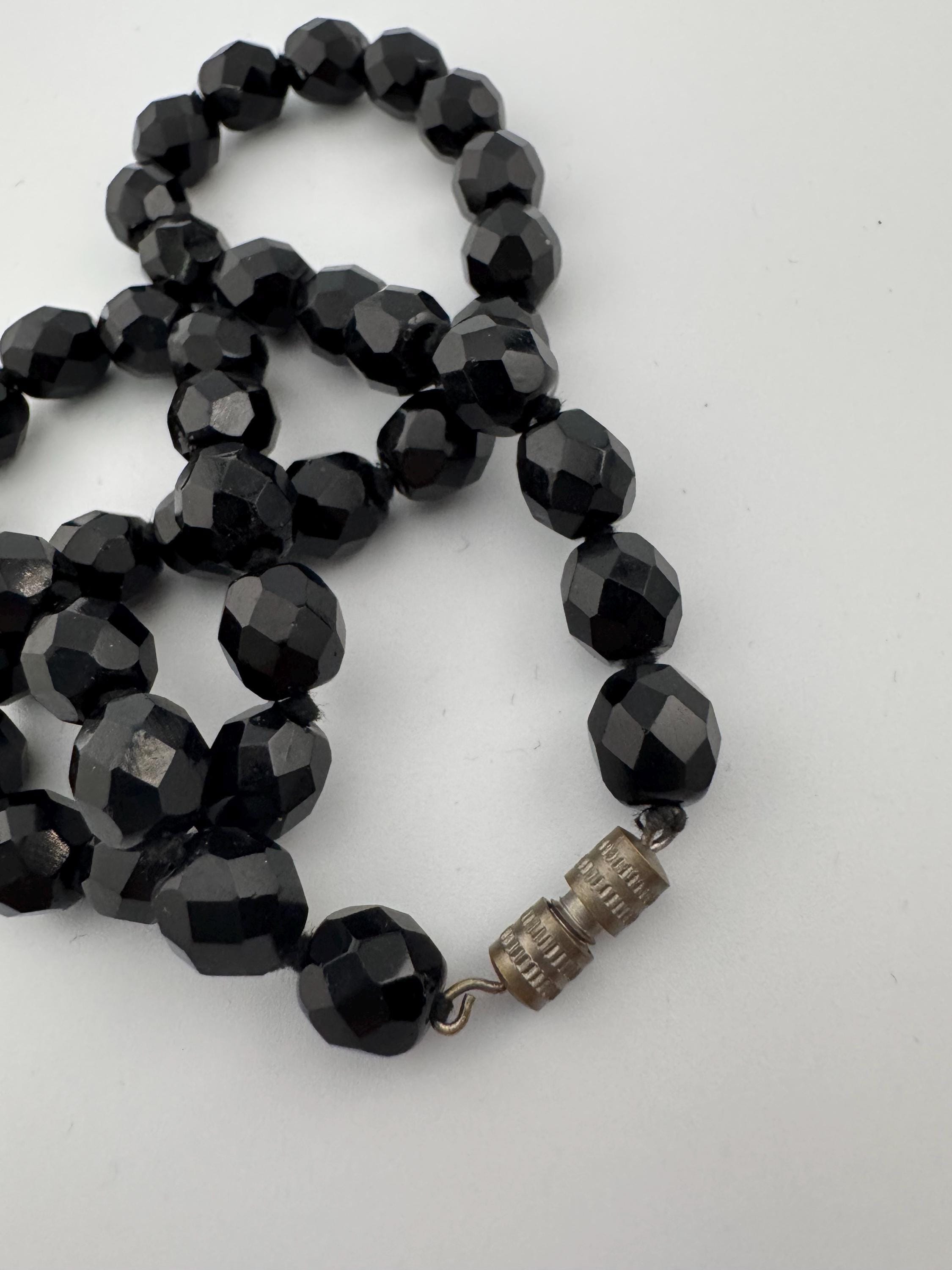 44cm short vintage French Jet Black Glass long beaded collar choker necklace, faceted glass beads vintage art deco 1920s 1930s