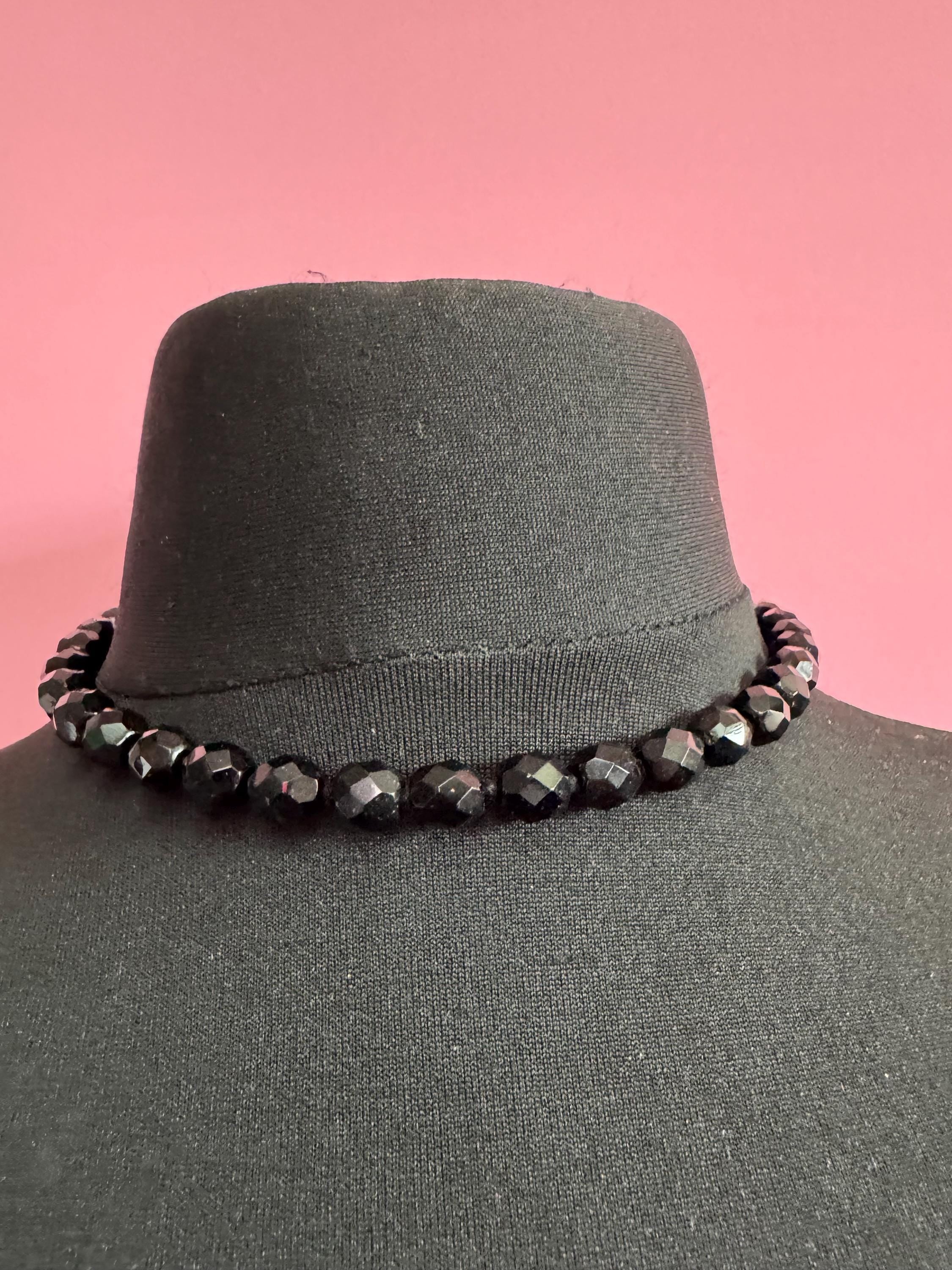 44cm short vintage French Jet Black Glass long beaded collar choker necklace, faceted glass beads vintage art deco 1920s 1930s