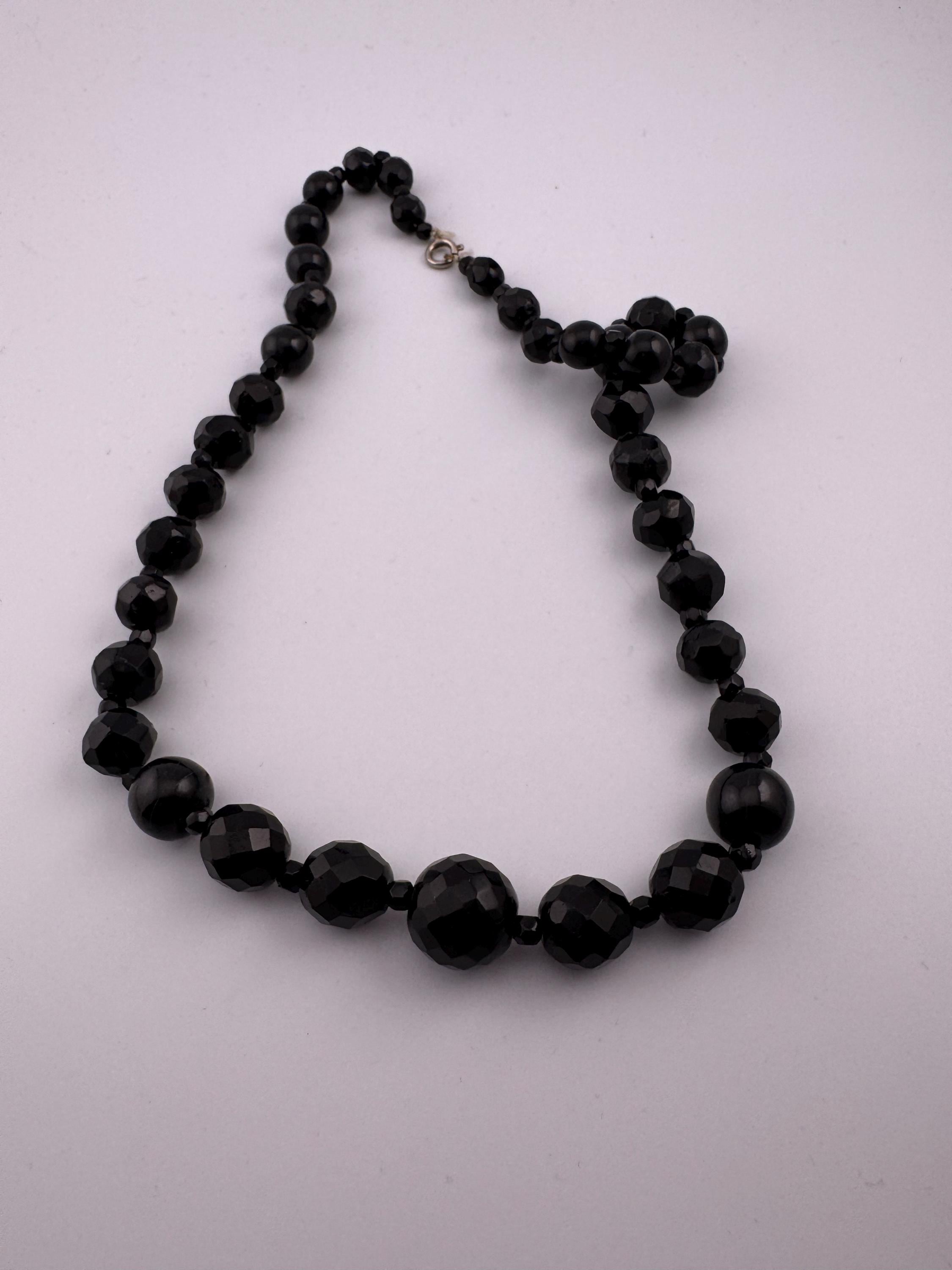 As found 49cm short vintage French Jet Black Glass long beaded collar choker necklace, faceted glass beads vintage art deco 1920s 1930s