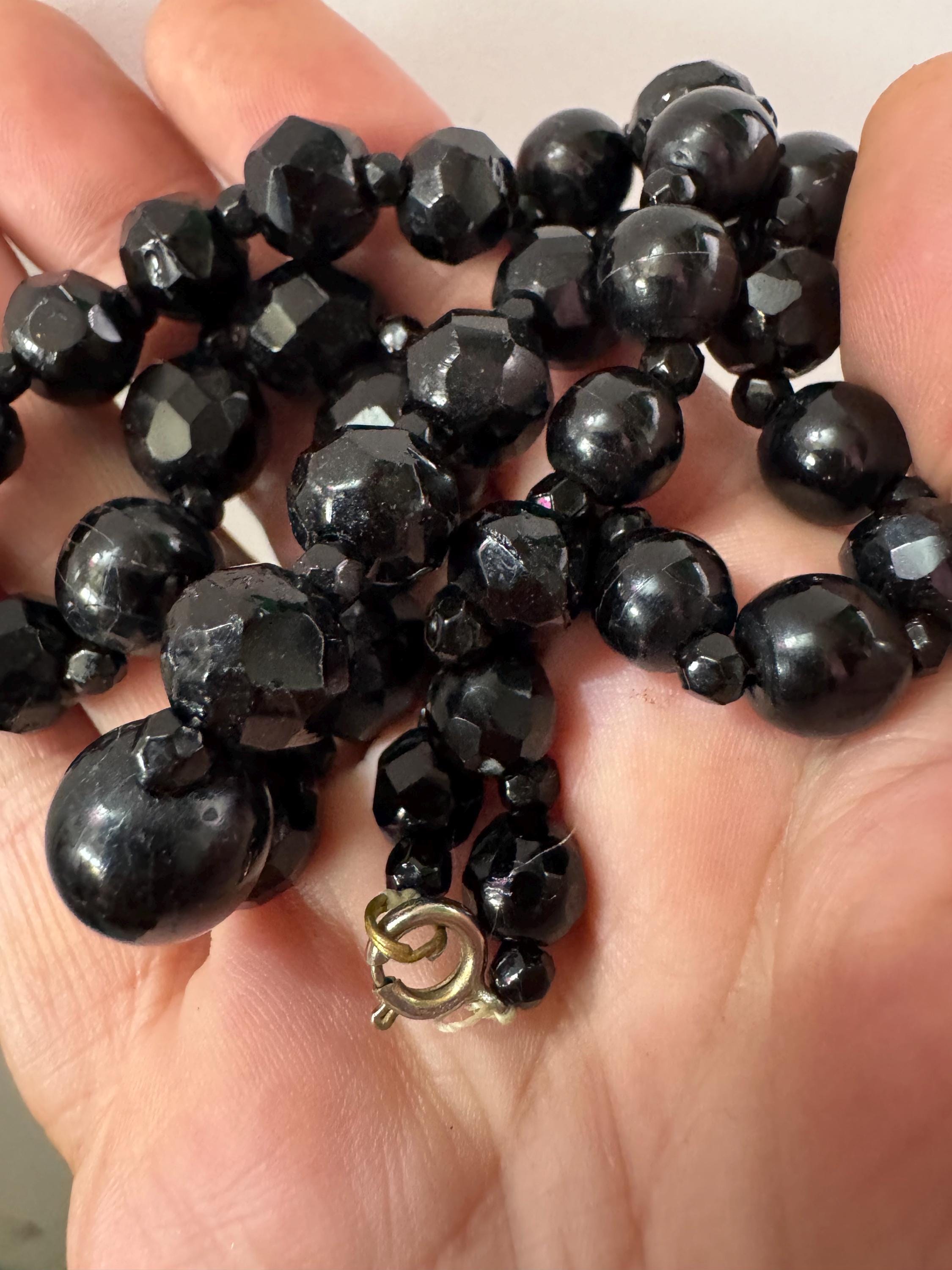 As found 49cm short vintage French Jet Black Glass long beaded collar choker necklace, faceted glass beads vintage art deco 1920s 1930s