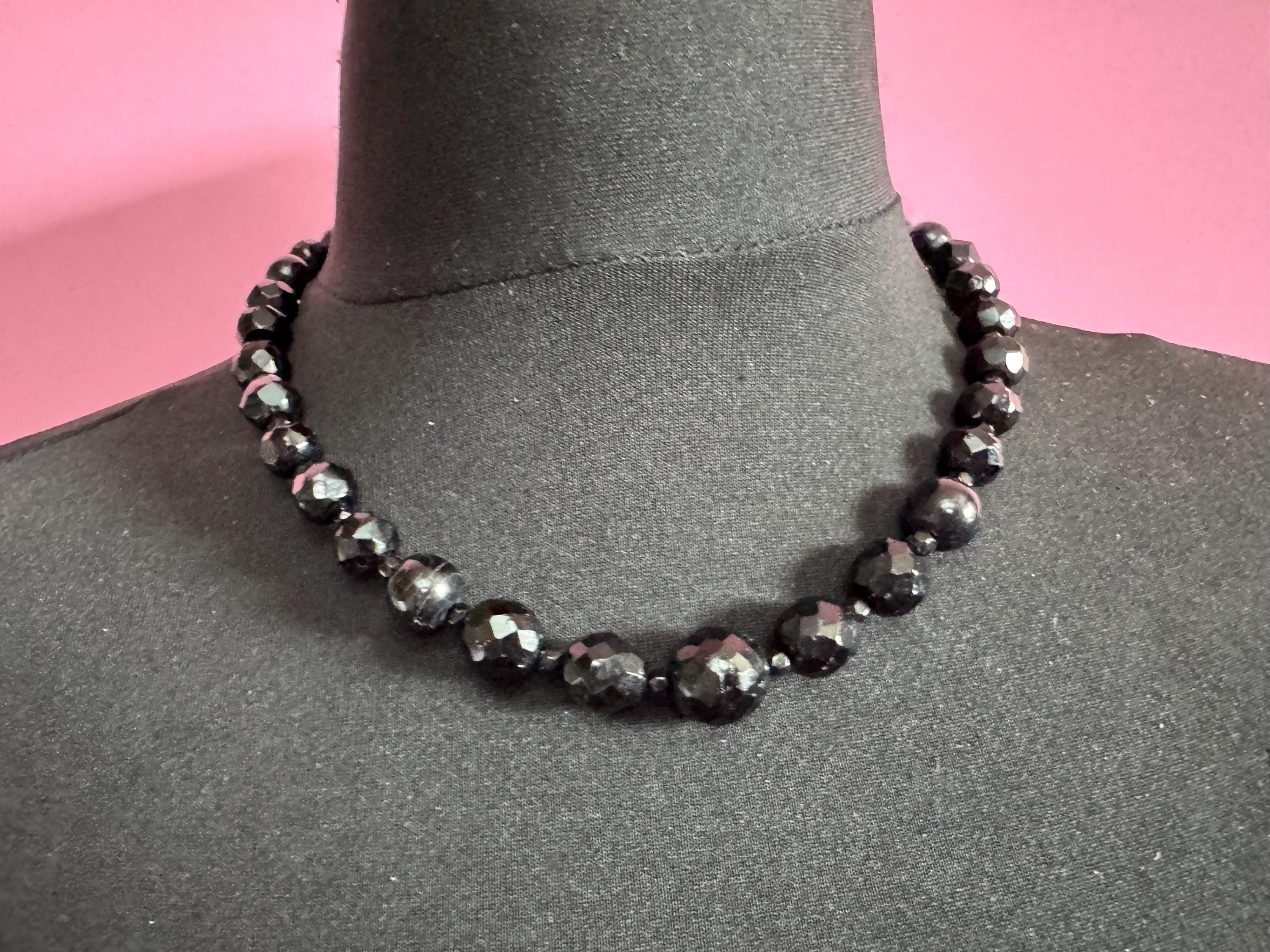 As found 49cm short vintage French Jet Black Glass long beaded collar choker necklace, faceted glass beads vintage art deco 1920s 1930s
