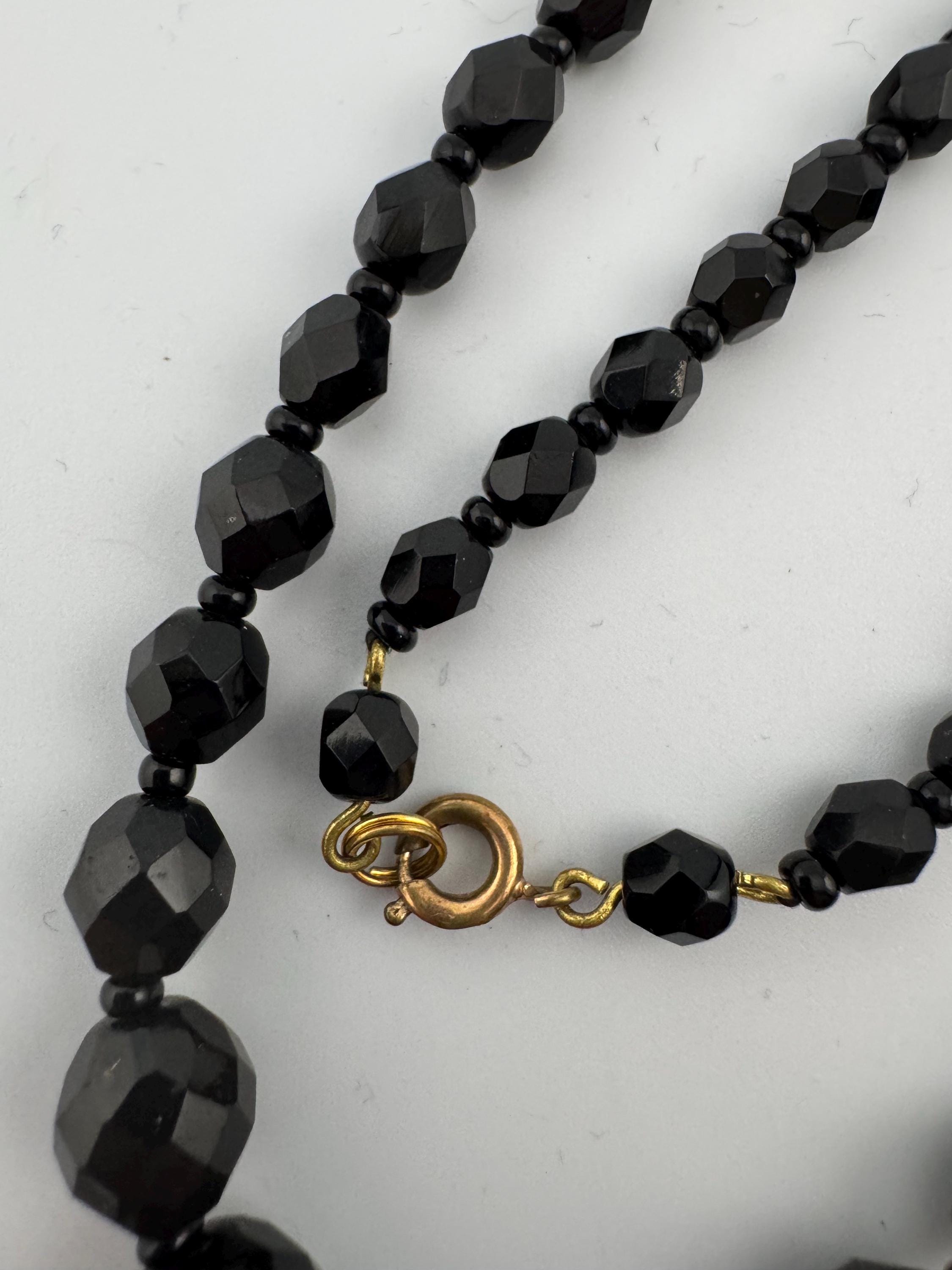 47cm short vintage French Jet Black Glass long beaded collar choker necklace, faceted glass beads vintage art deco 1920s 1930s