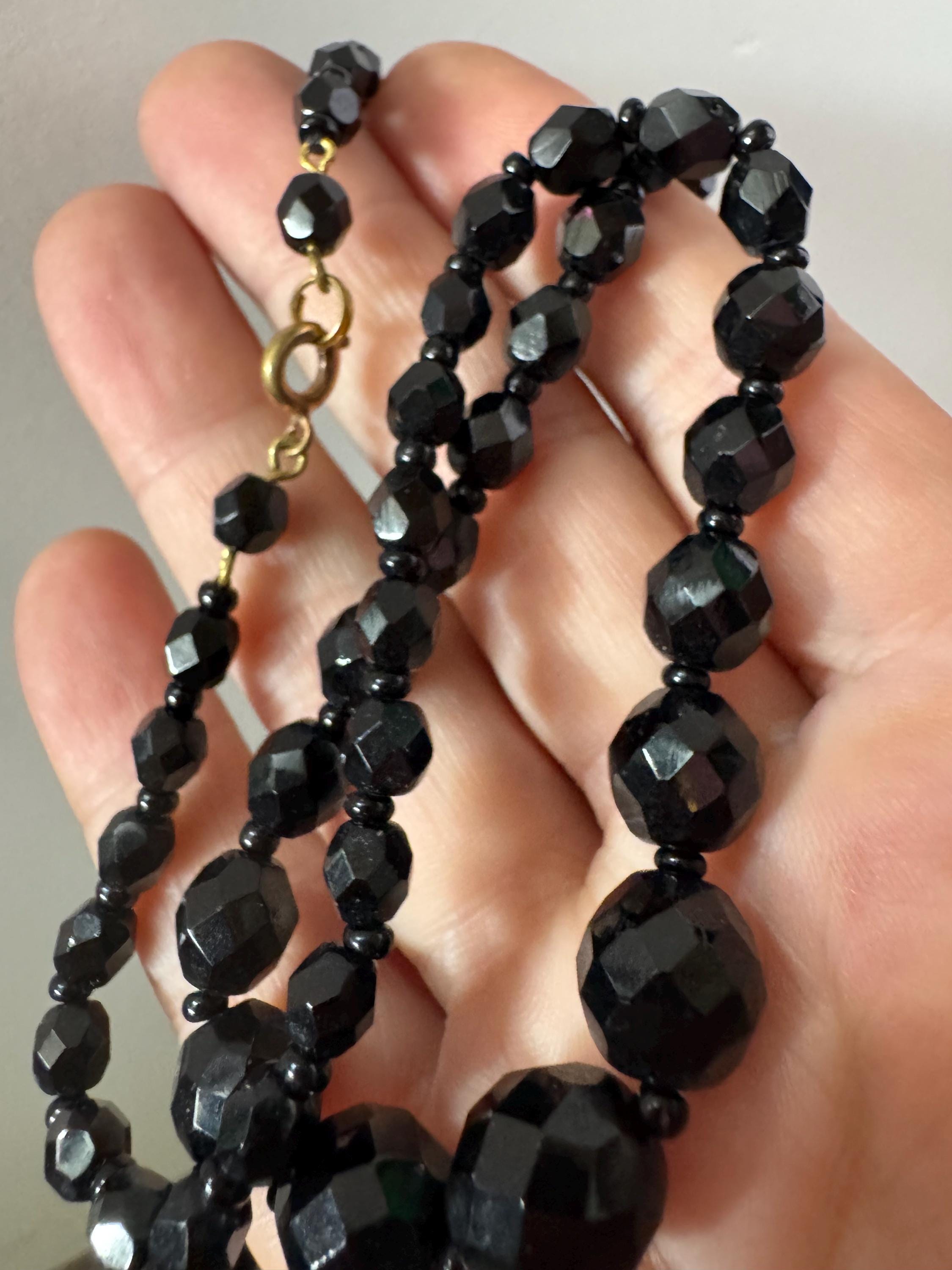 47cm short vintage French Jet Black Glass long beaded collar choker necklace, faceted glass beads vintage art deco 1920s 1930s