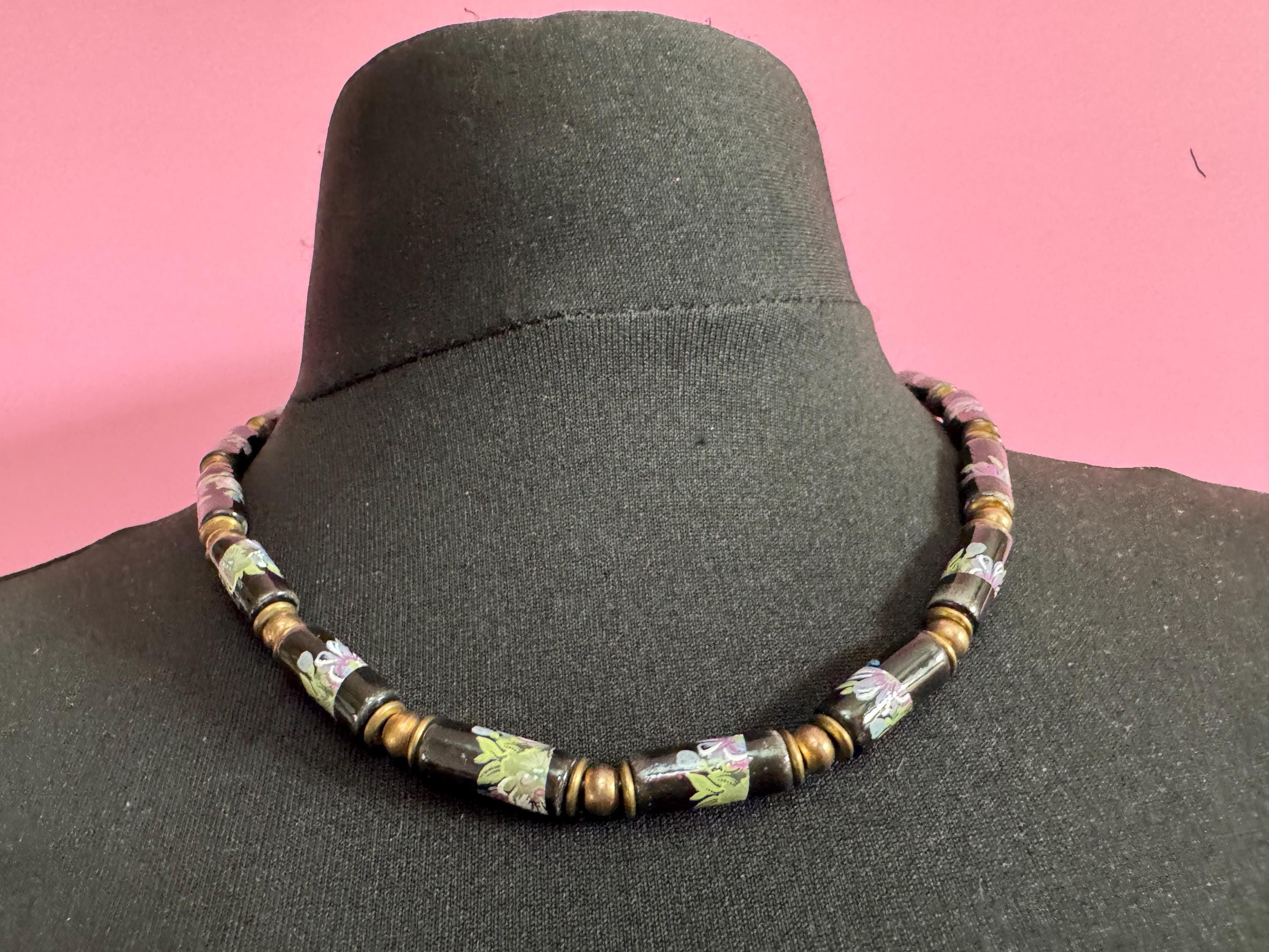 1970s Black green Chinese cloisonné enamel tube beaded necklace gold tone