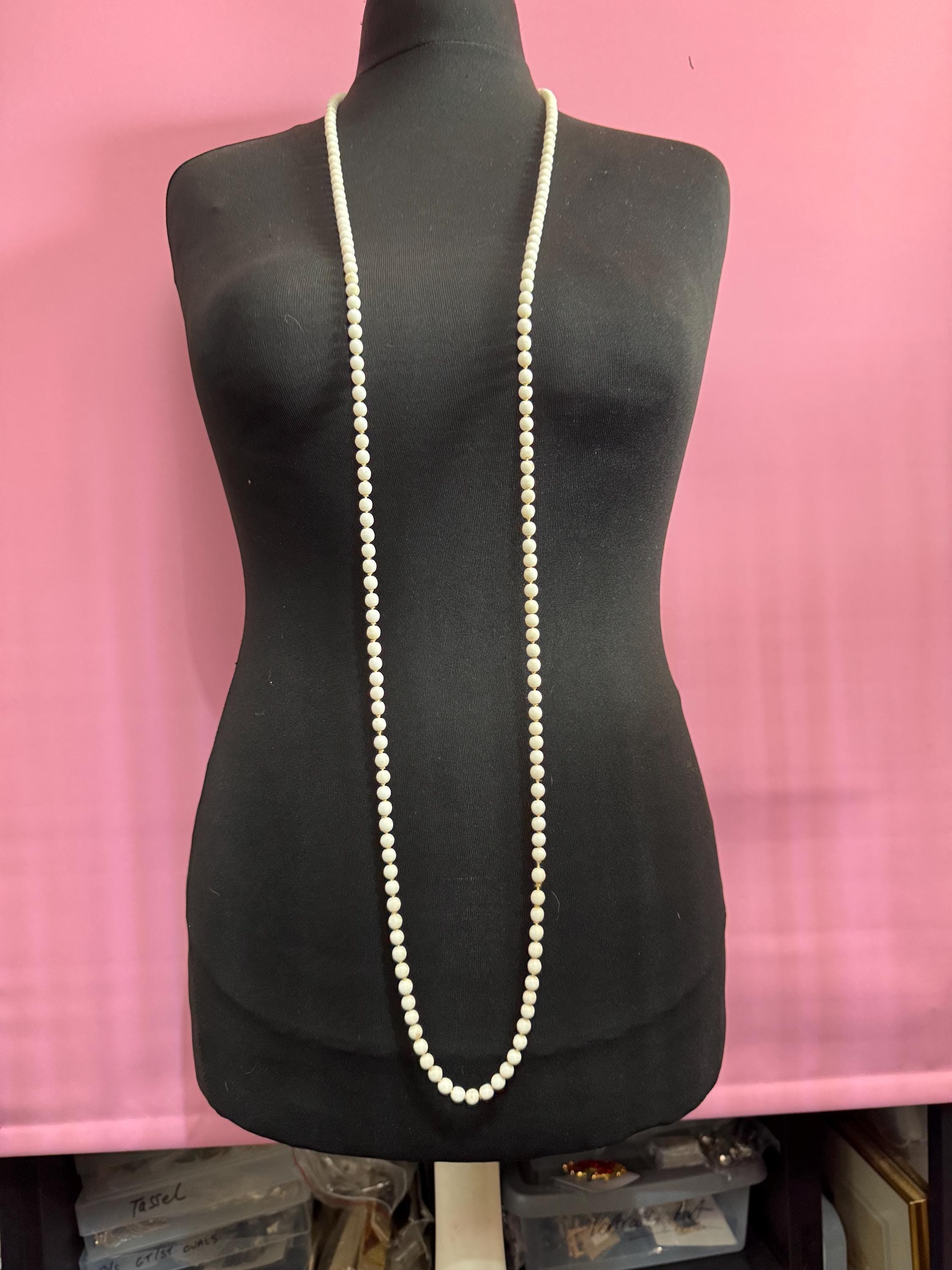 As found Vintage 150cm long White milk glass barrel beaded layering necklace