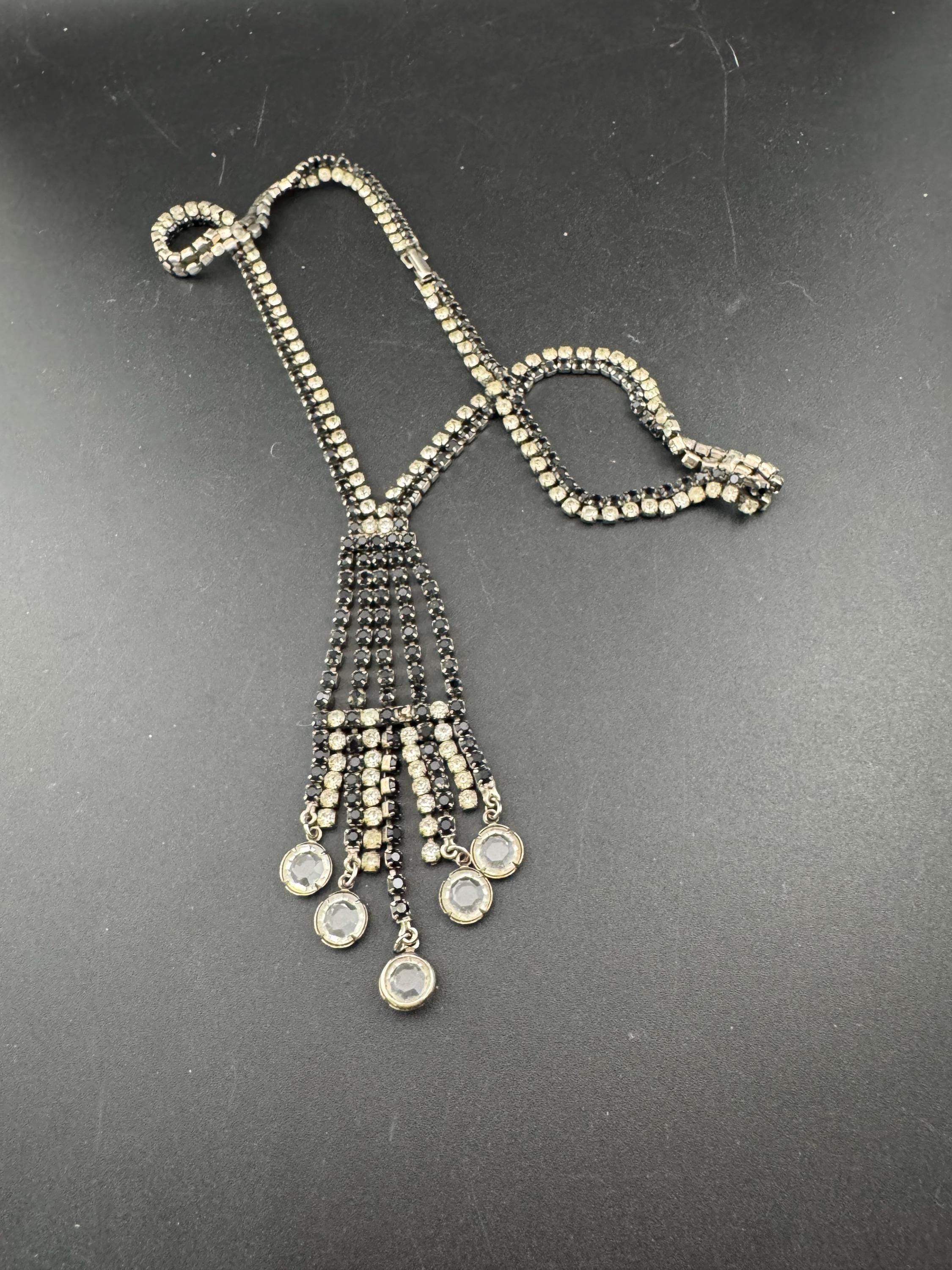 Vintage diamanté rhinestone necklace clear black paste silver tone monochrome 55cm