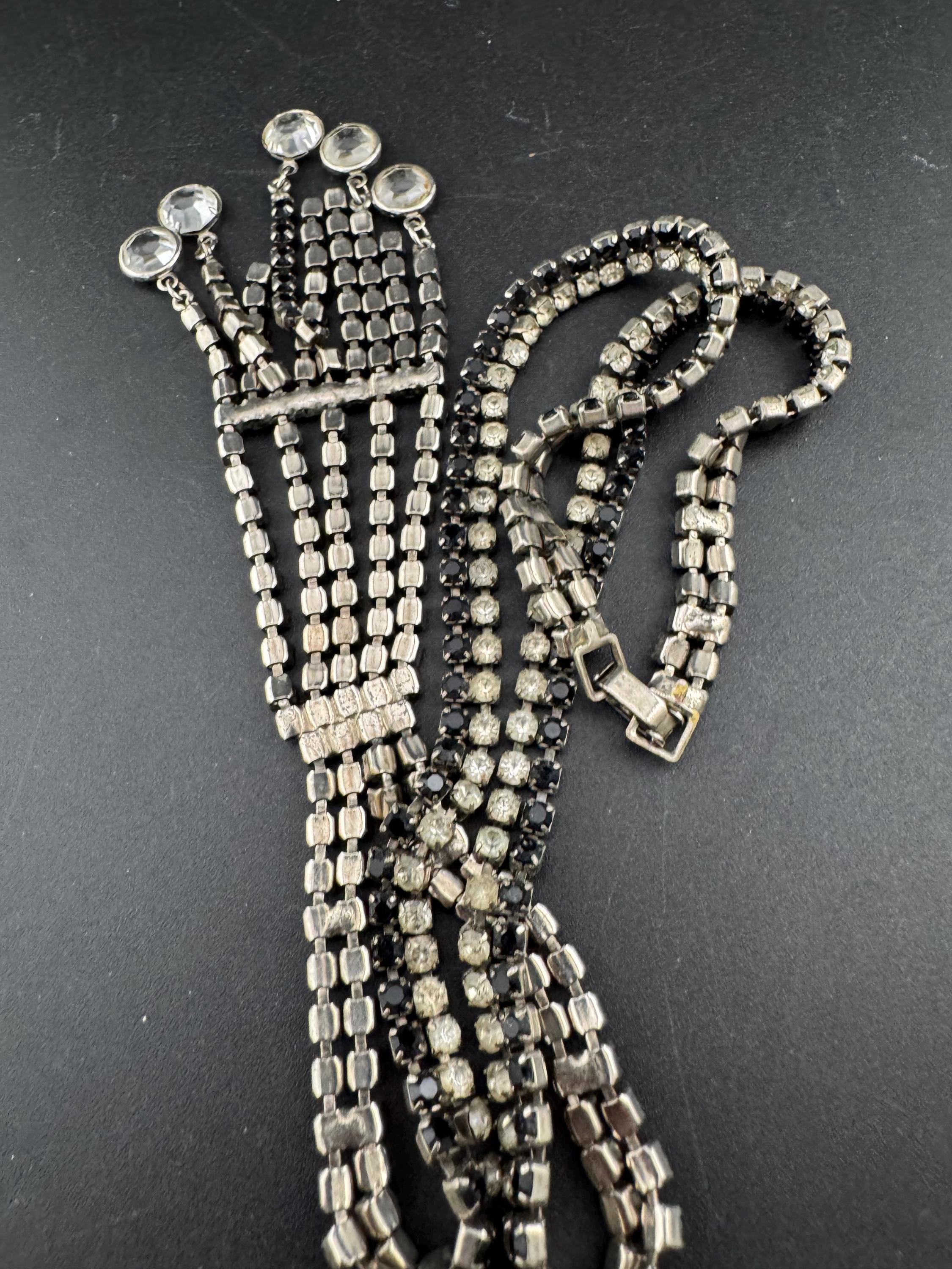 Vintage diamanté rhinestone necklace clear black paste silver tone monochrome 55cm