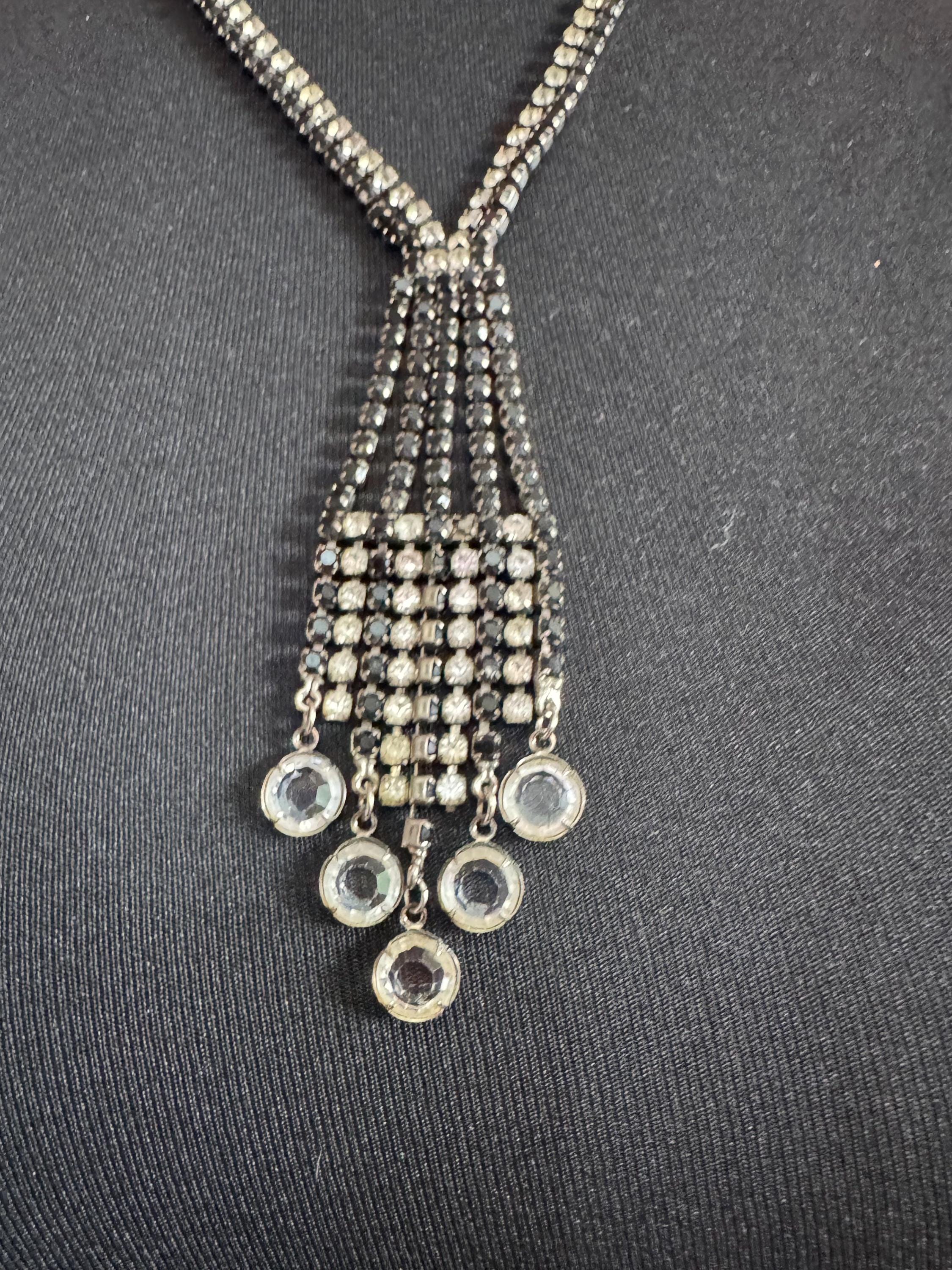 Vintage diamanté rhinestone necklace clear black paste silver tone monochrome 55cm