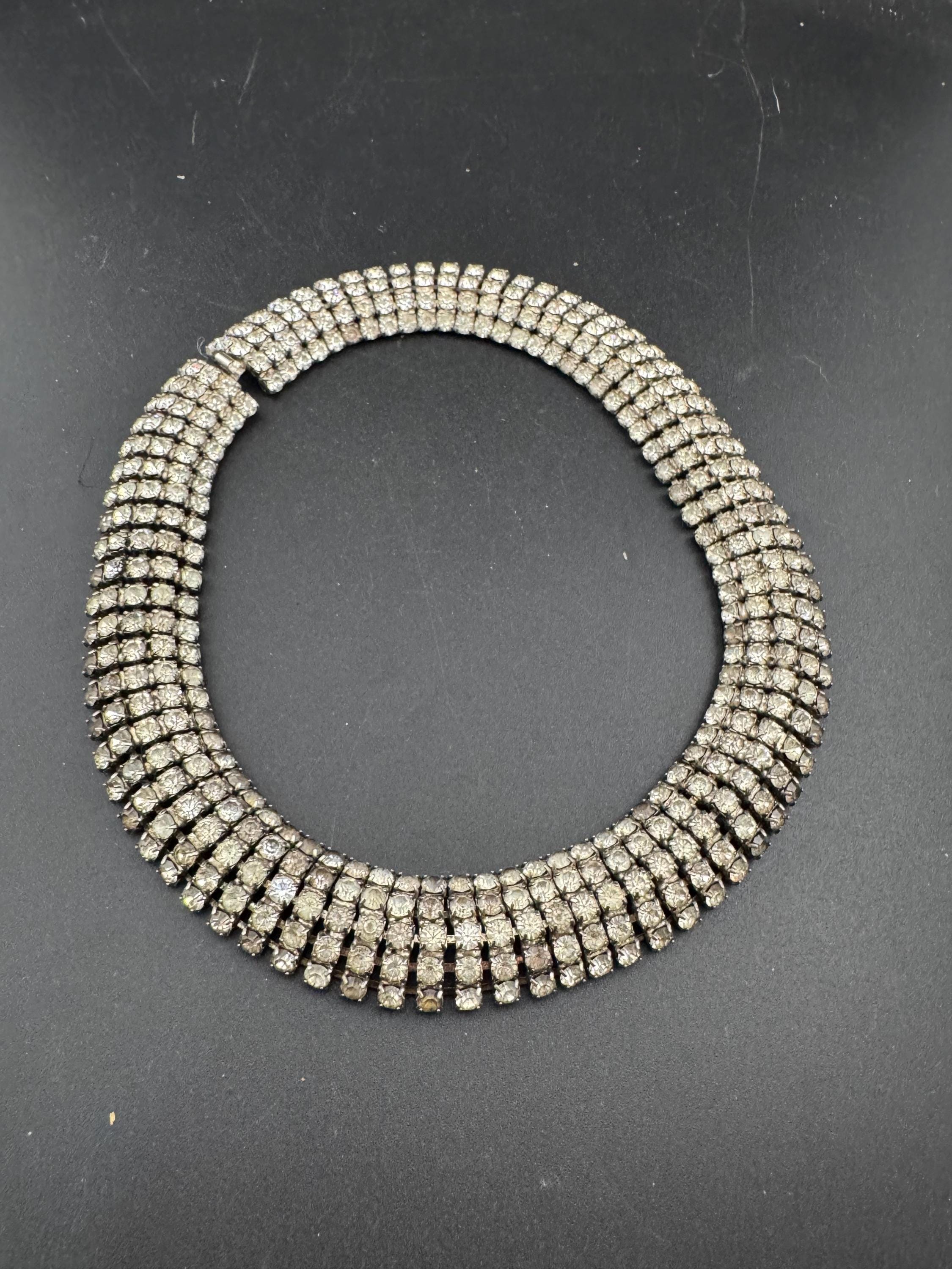 46cm Vintage clear diamanté wide rhinestone crystal silver tone choker necklace