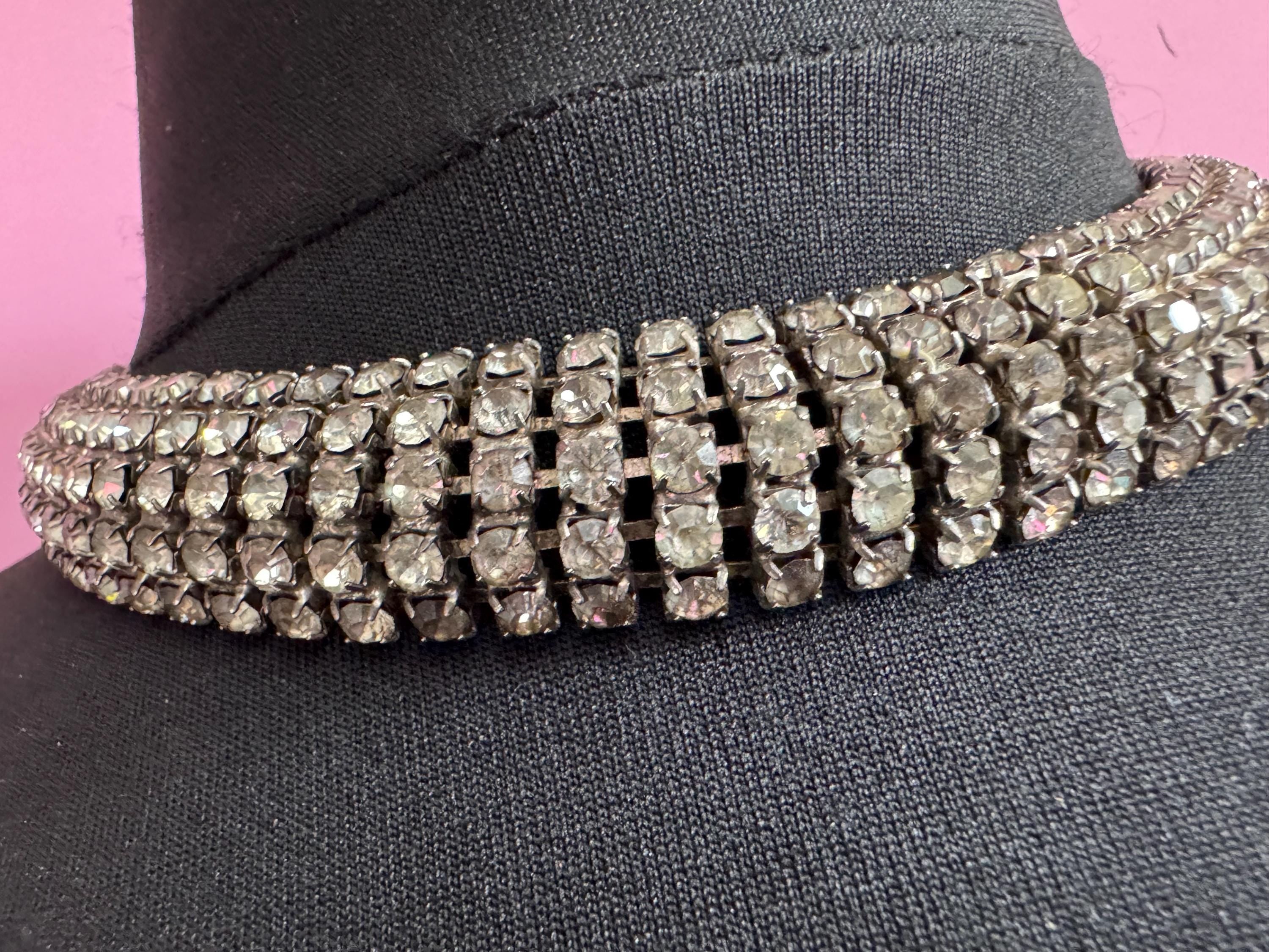 46cm Vintage clear diamanté wide rhinestone crystal silver tone choker necklace