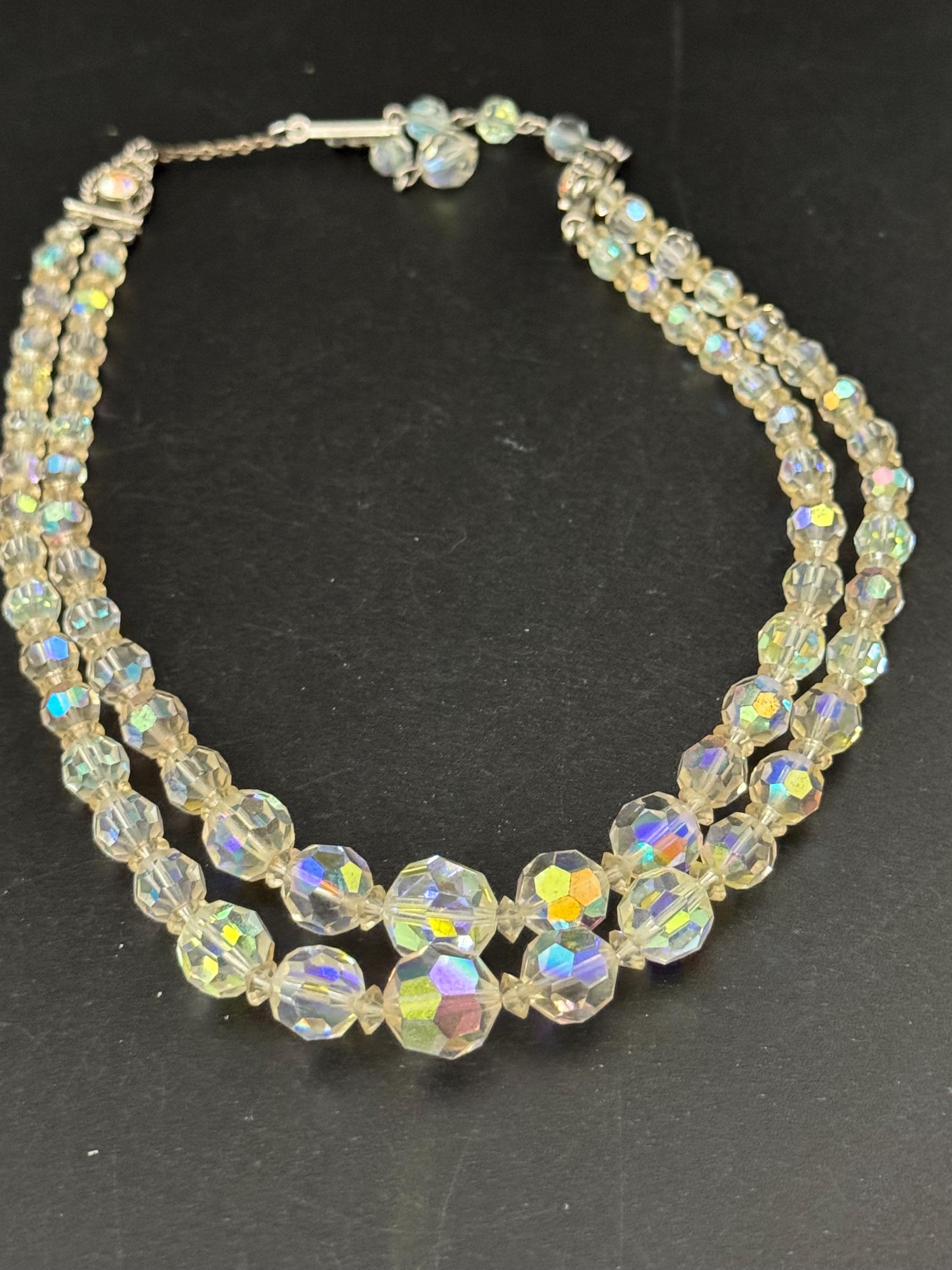 Art Deco clear AB rainbow Aurora borealis glass Crystal 2 row double strand beaded collar necklace