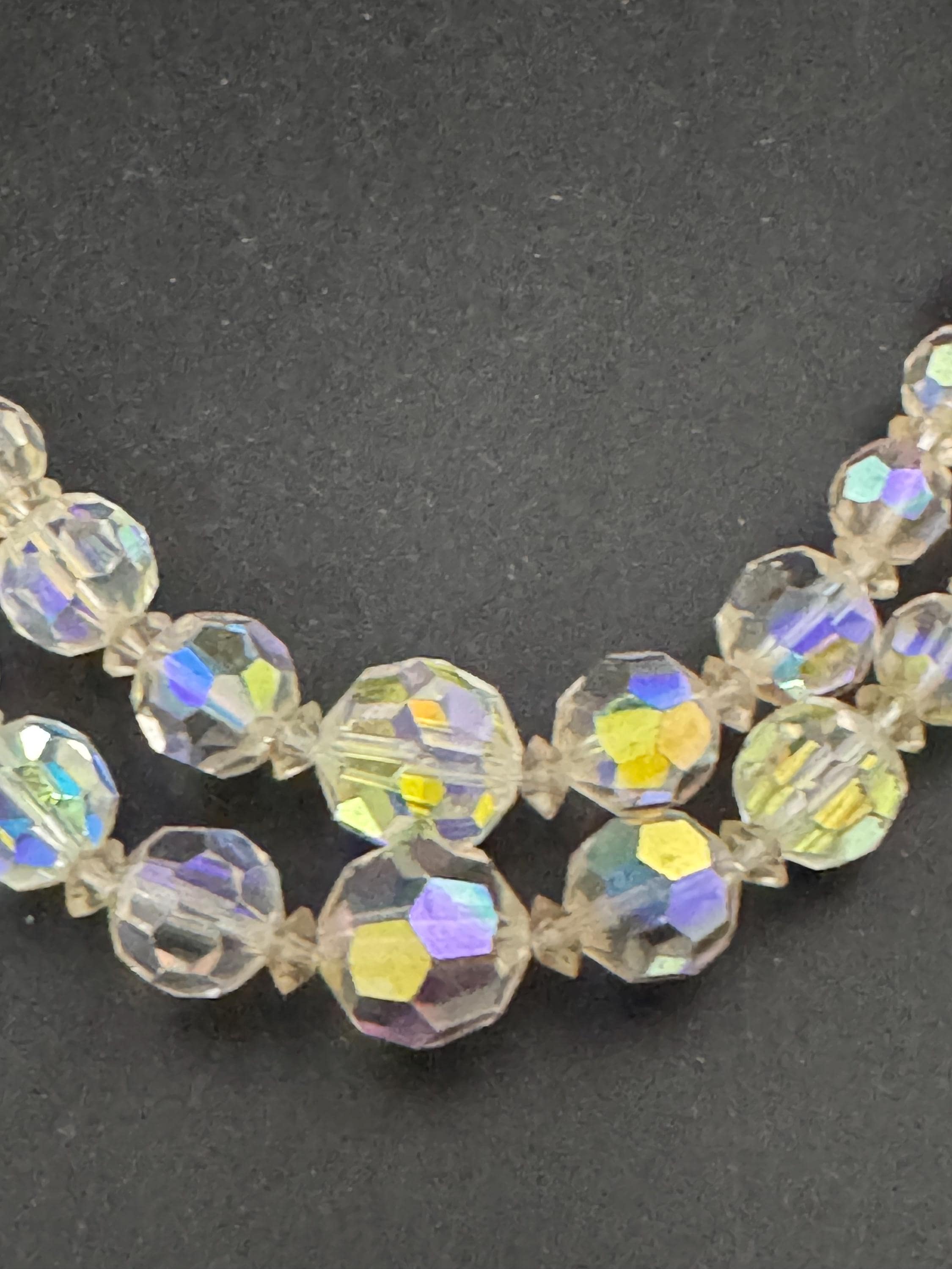 Art Deco clear AB rainbow Aurora borealis glass Crystal 2 row double strand beaded collar necklace
