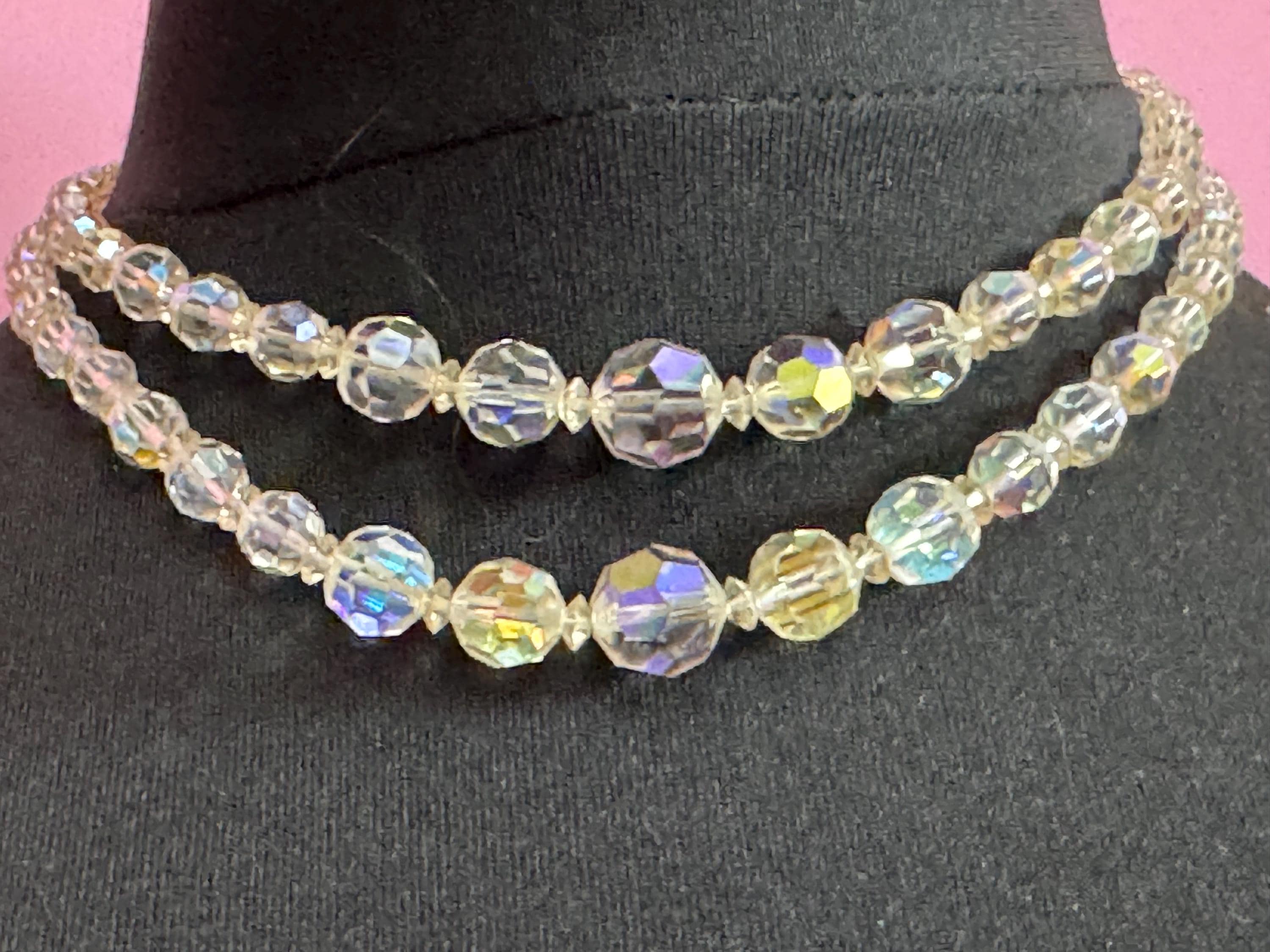 Art Deco clear AB rainbow Aurora borealis glass Crystal 2 row double strand beaded collar necklace