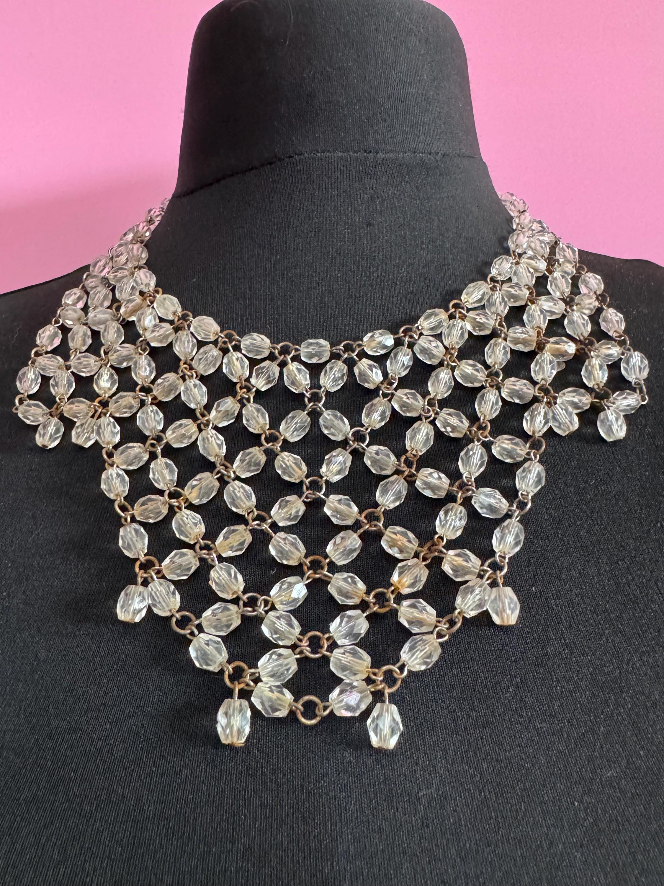Lightweight plastic faceted beaded chainmail bib necklace 48cm as seen
