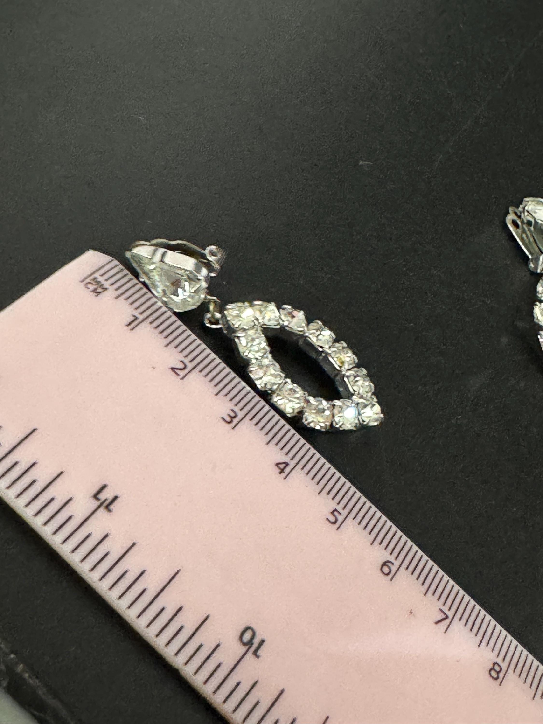 Vintage Clear Diamanté long 5cm Drop Paste rhinestone Clip On Earrings as found
