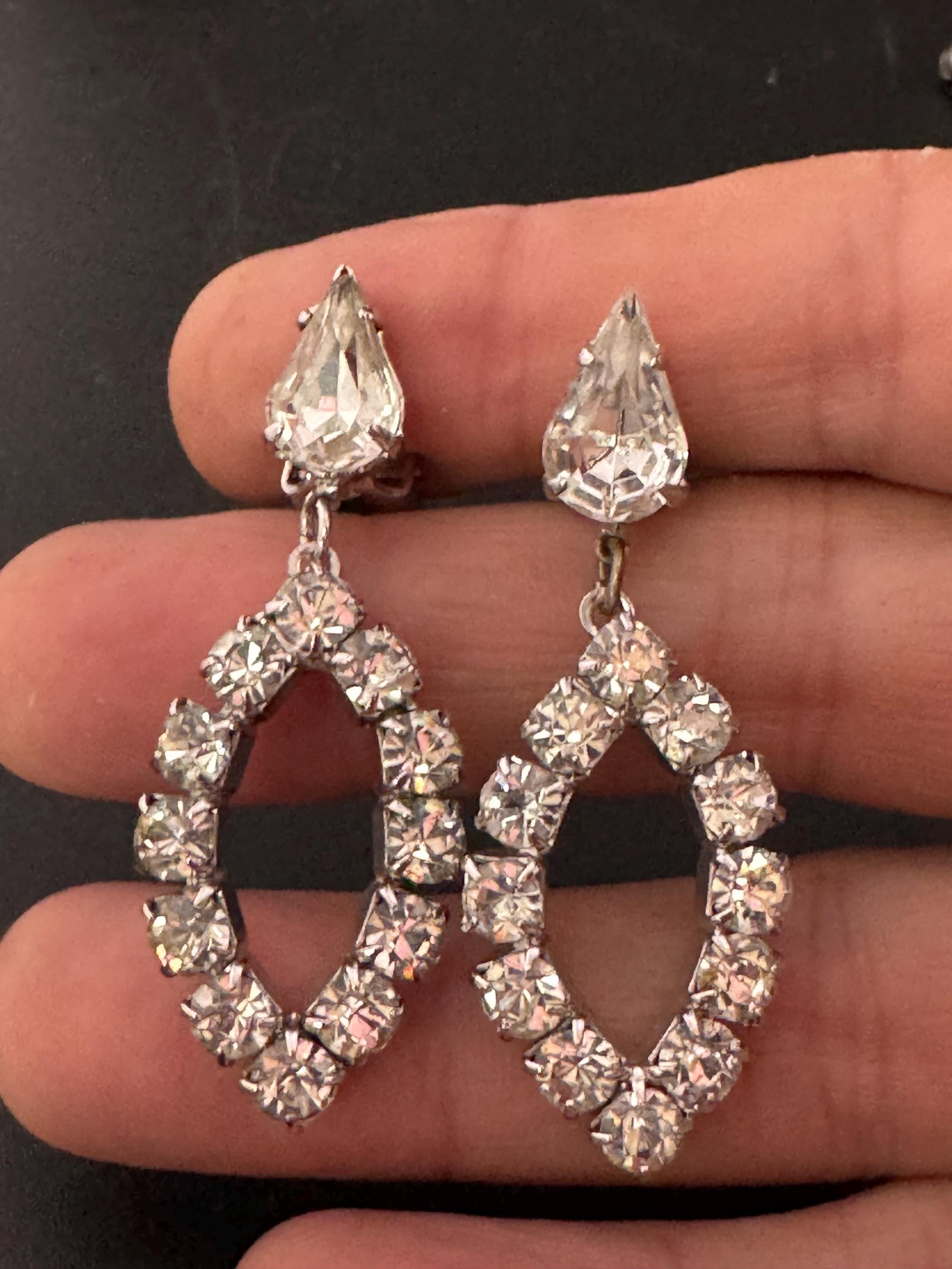 Vintage Clear Diamanté long 5cm Drop Paste rhinestone Clip On Earrings as found