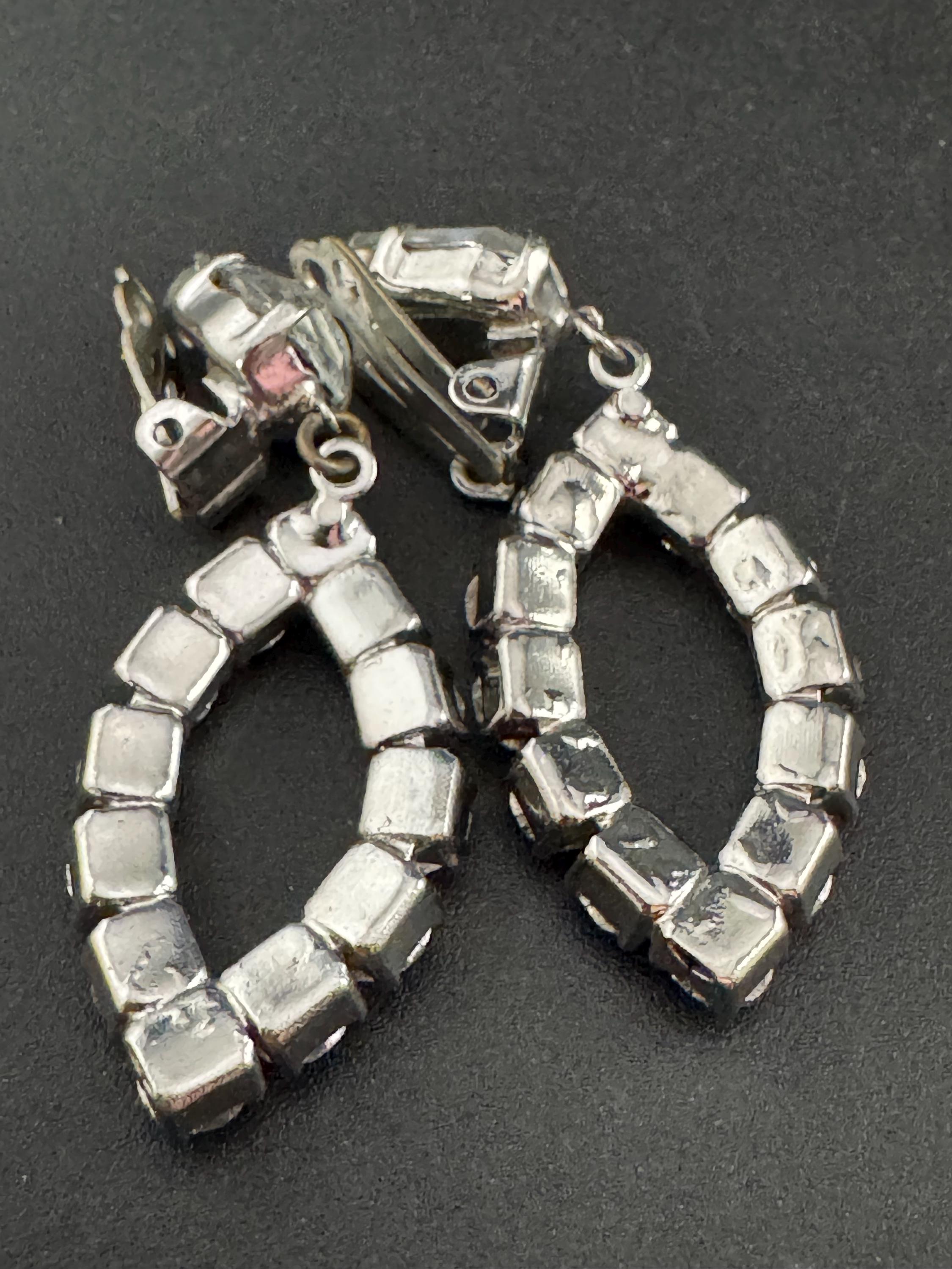 Vintage Clear Diamanté long 5cm Drop Paste rhinestone Clip On Earrings as found