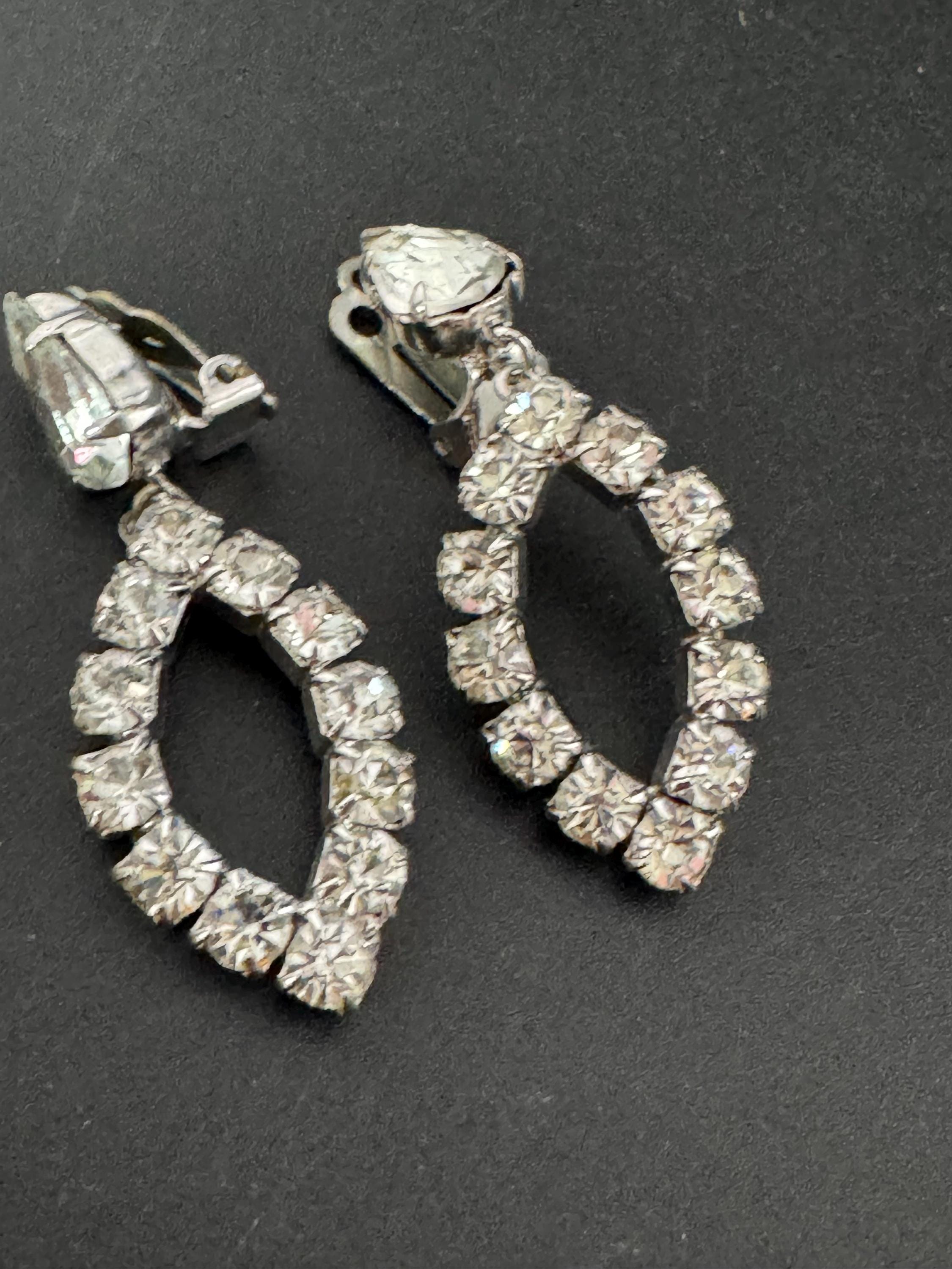 Vintage Clear Diamanté long 5cm Drop Paste rhinestone Clip On Earrings as found