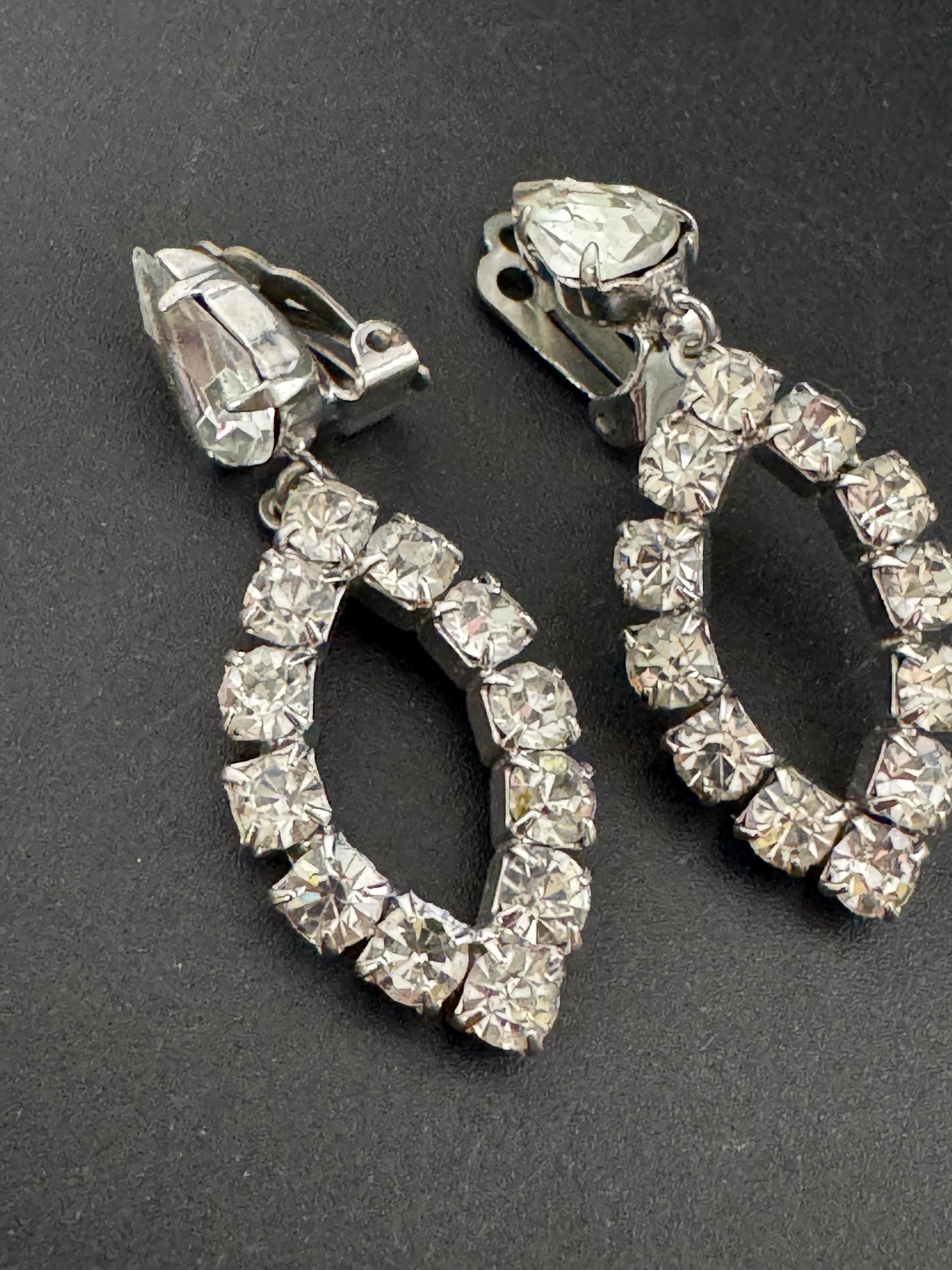 Vintage Clear Diamanté long 5cm Drop Paste rhinestone Clip On Earrings as found