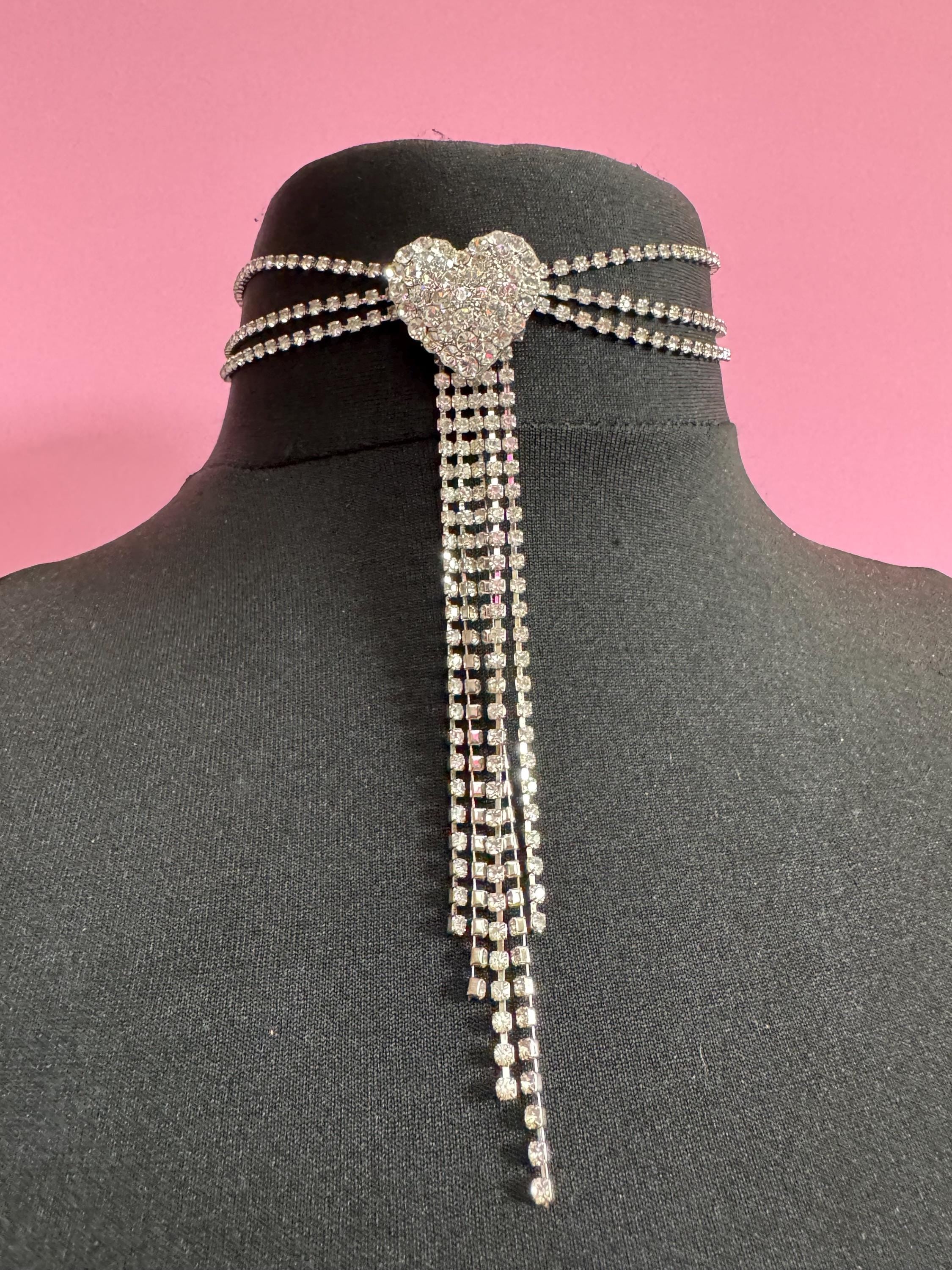 Signed Mikey retro clear diamanté rhinestone crystal silver tone love heart drop tassel necklace 90s