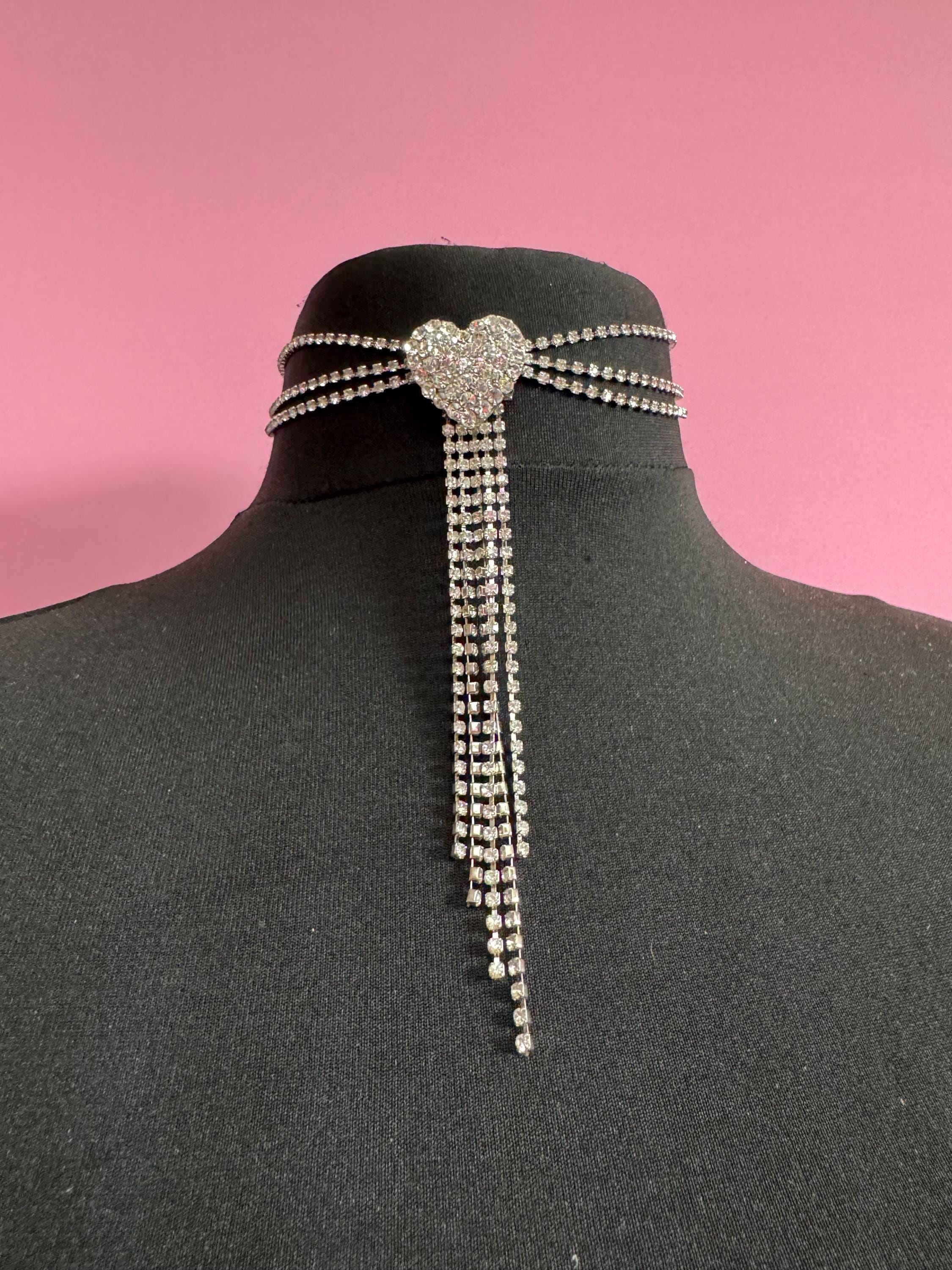 Signed Mikey retro clear diamanté rhinestone crystal silver tone love heart drop tassel necklace 90s