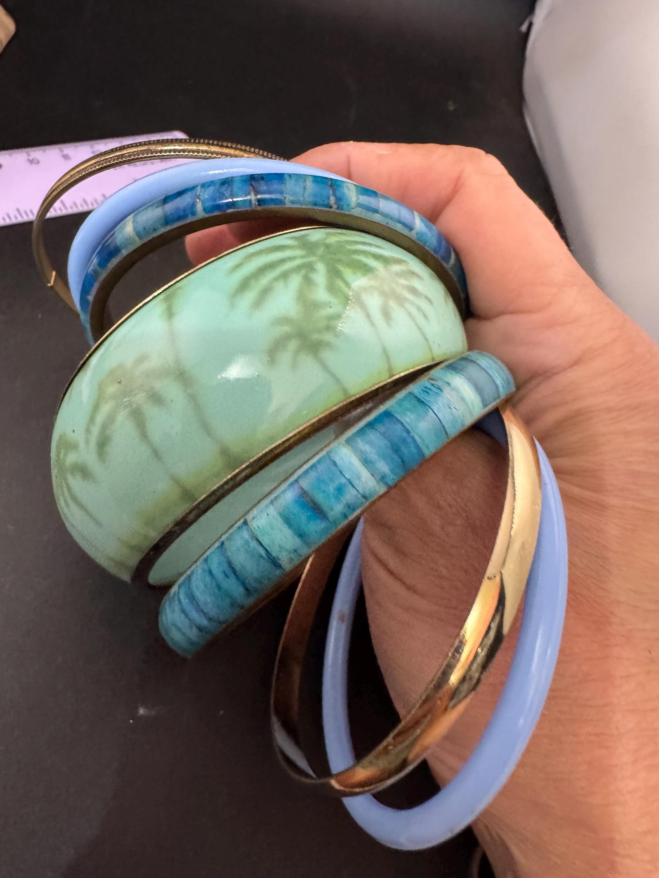 A curated set of BLUE vintage retro stack of plastic metal bangles bracelets