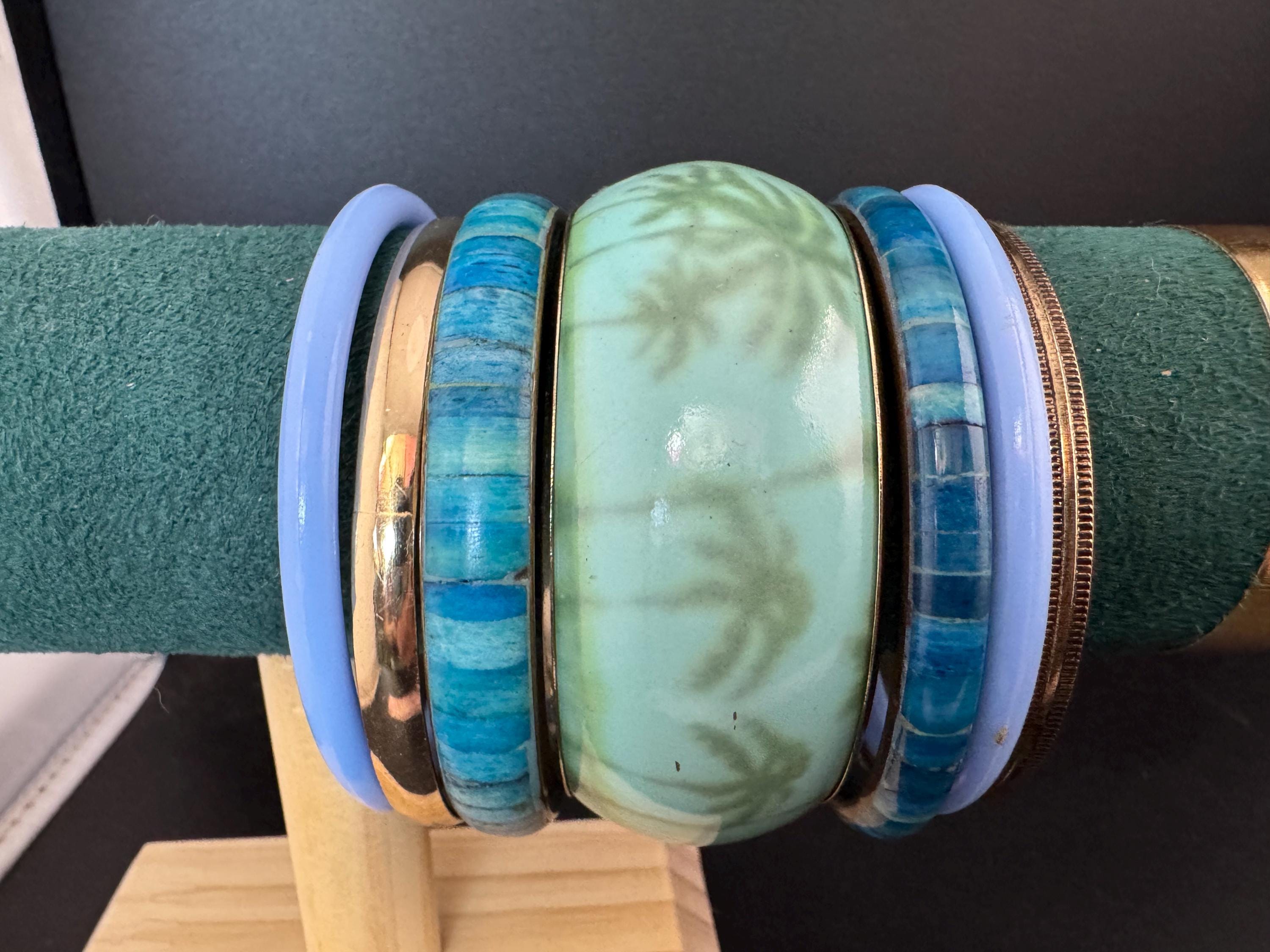 A curated set of BLUE vintage retro stack of plastic metal bangles bracelets