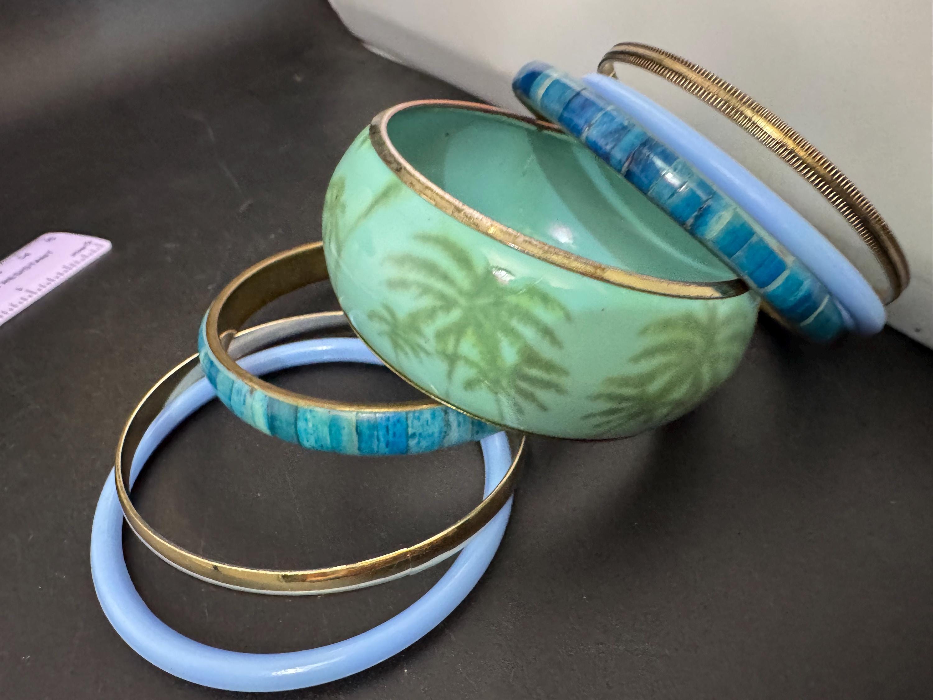 A curated set of BLUE vintage retro stack of plastic metal bangles bracelets