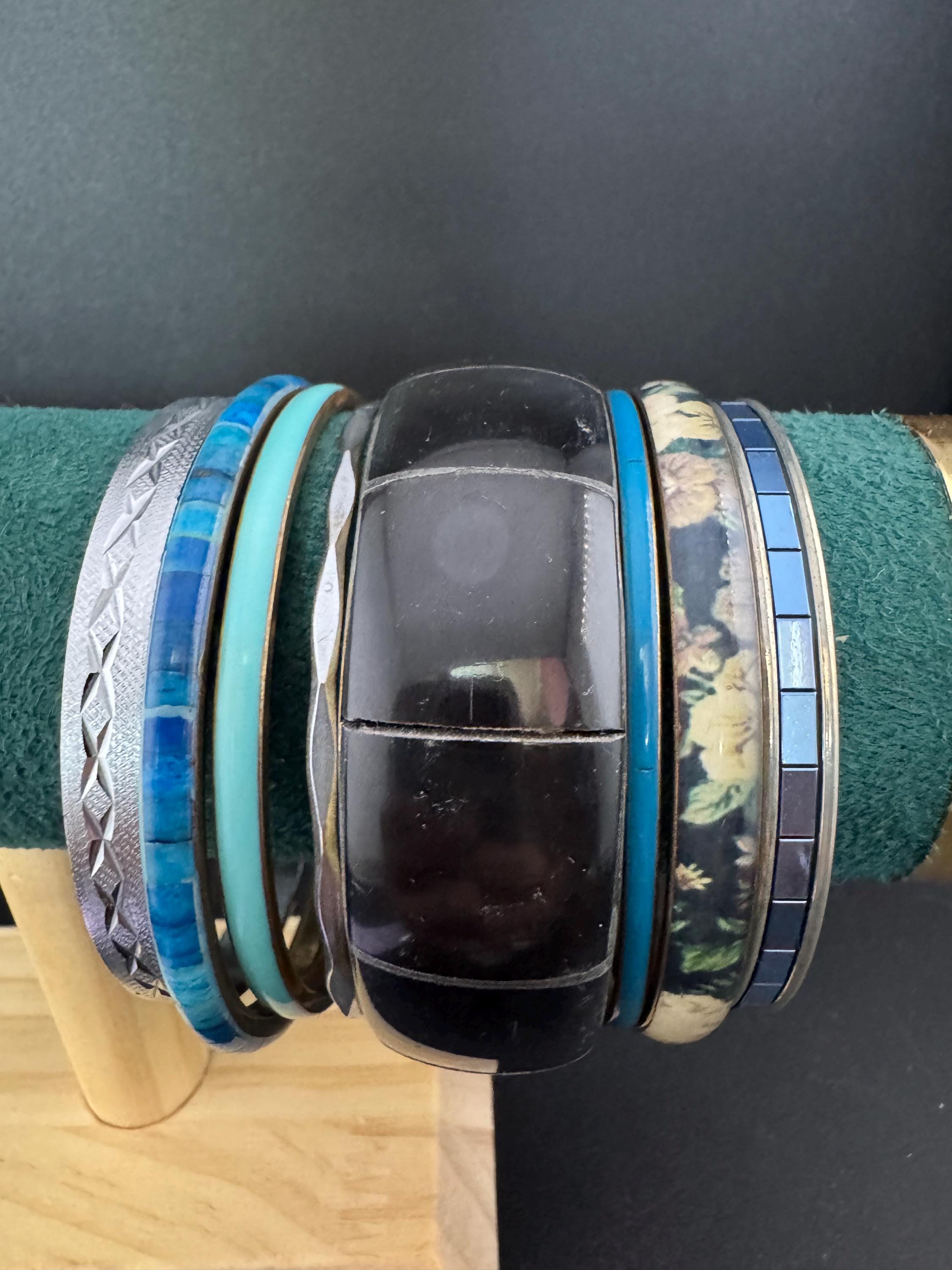 A curated set of BLUE vintage retro stack of plastic metal bangles bracelets