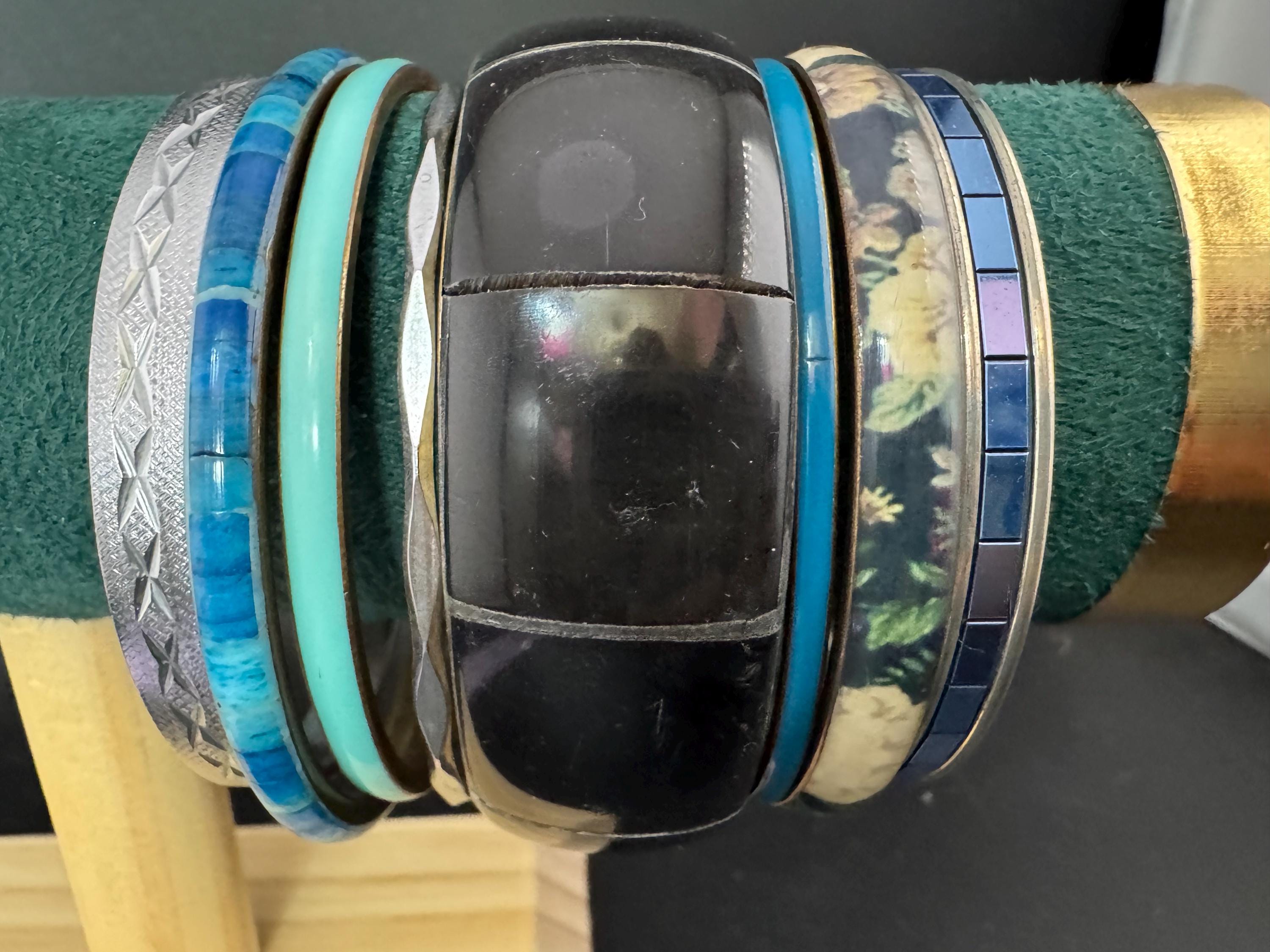 A curated set of BLUE vintage retro stack of plastic metal bangles bracelets