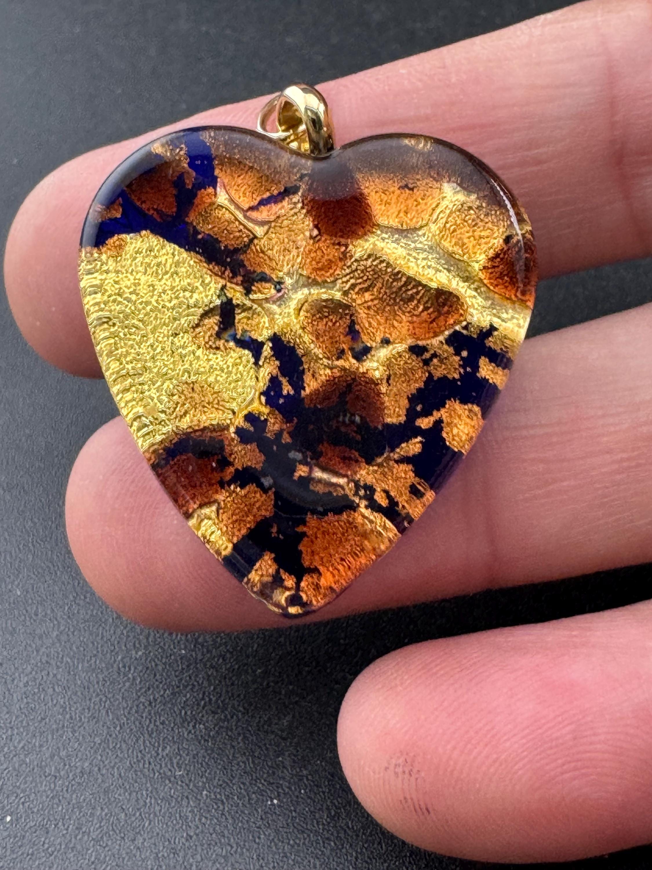 Vintage signed Murano glass brown gold and purple love heart glass pendant