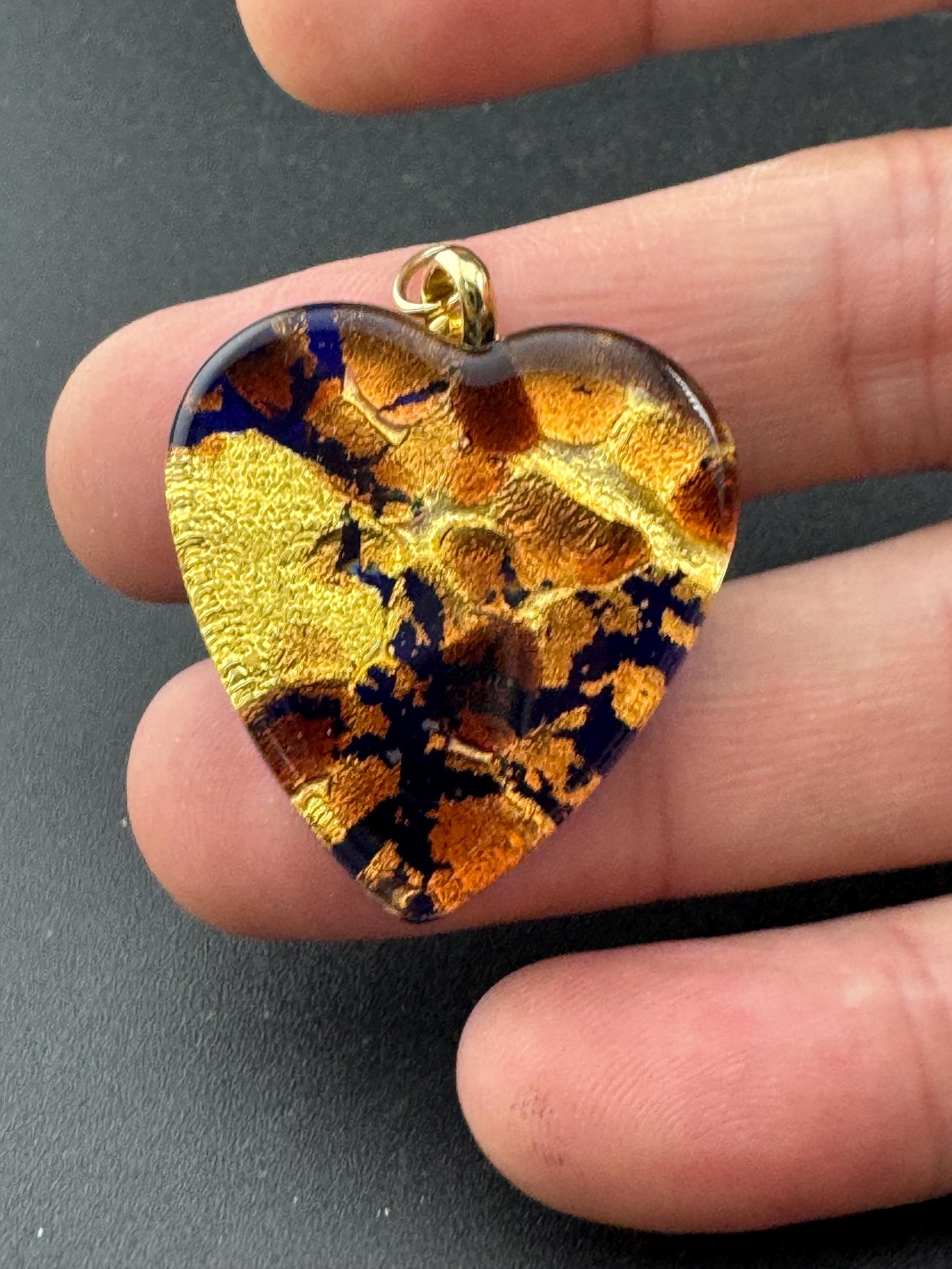 Vintage signed Murano glass brown gold and purple love heart glass pendant